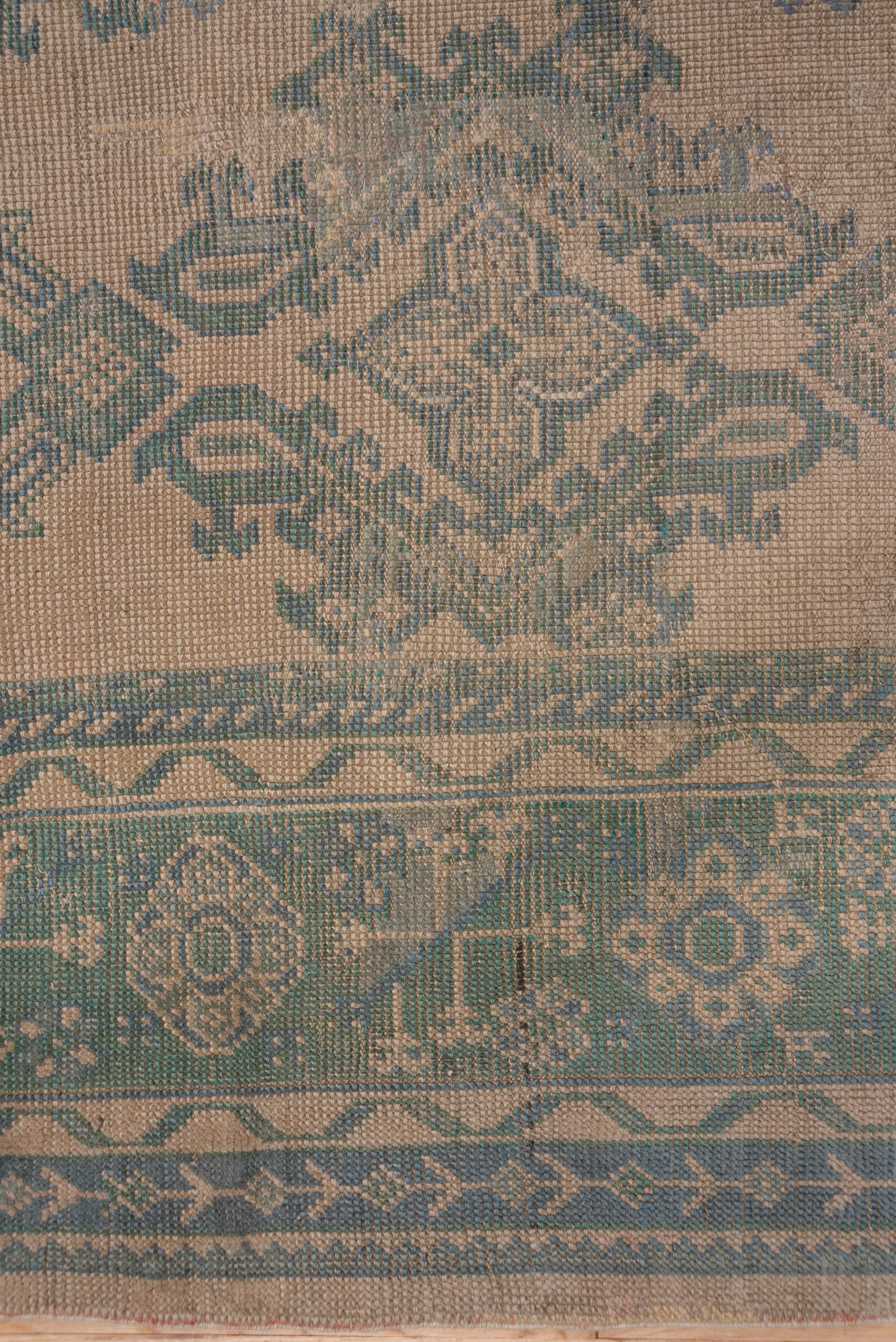 Hand-Knotted Light Brown and Green Antique Oushak Carpet, circa 1920s For Sale