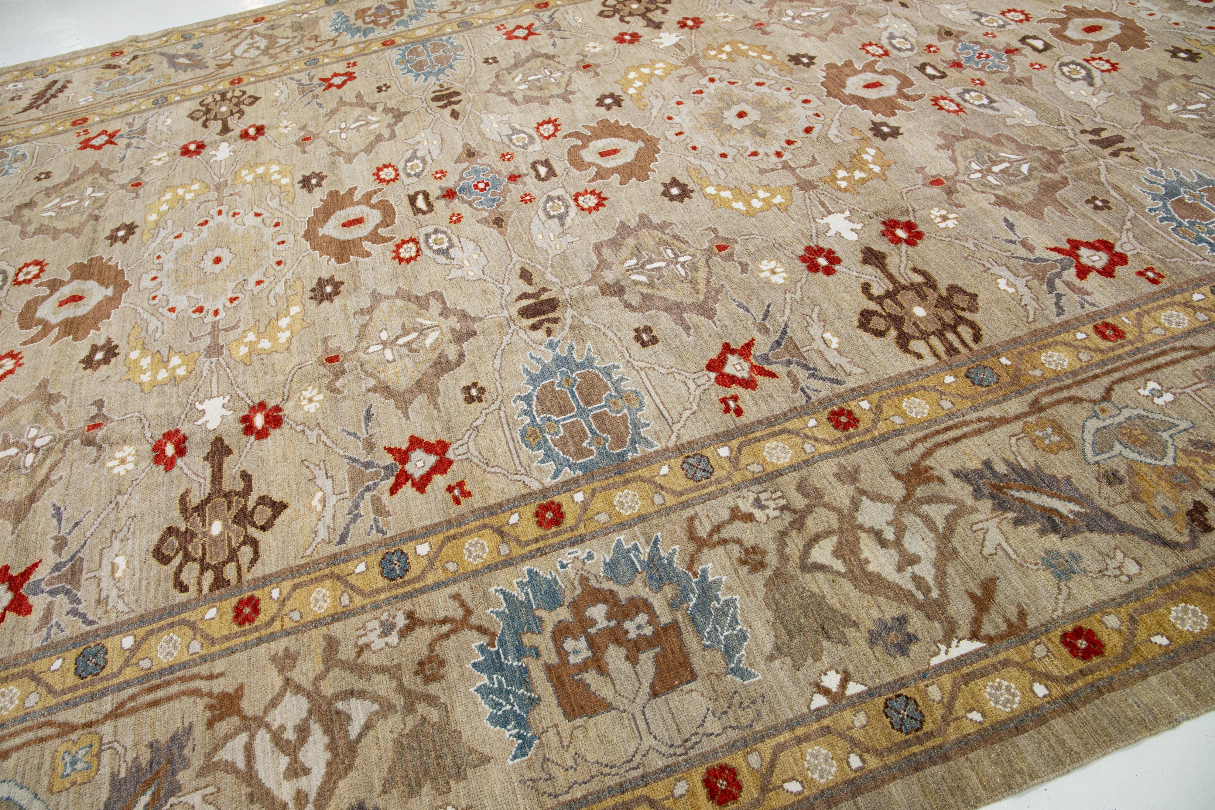 Persian Light Brown Handmade Modern Sultanabad Wool Rug With Floral Motif For Sale