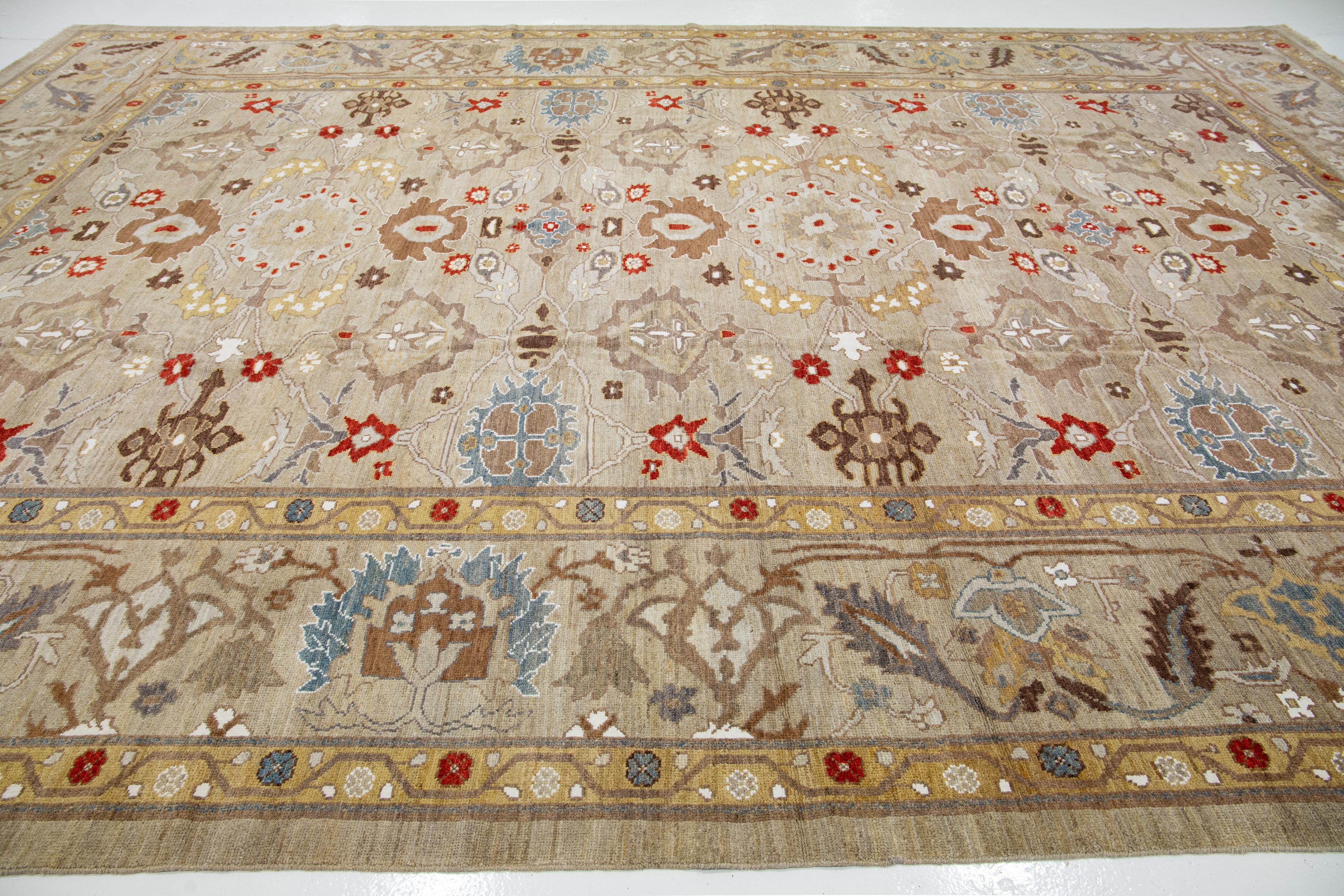 Hand-Knotted Light Brown Handmade Modern Sultanabad Wool Rug With Floral Motif For Sale