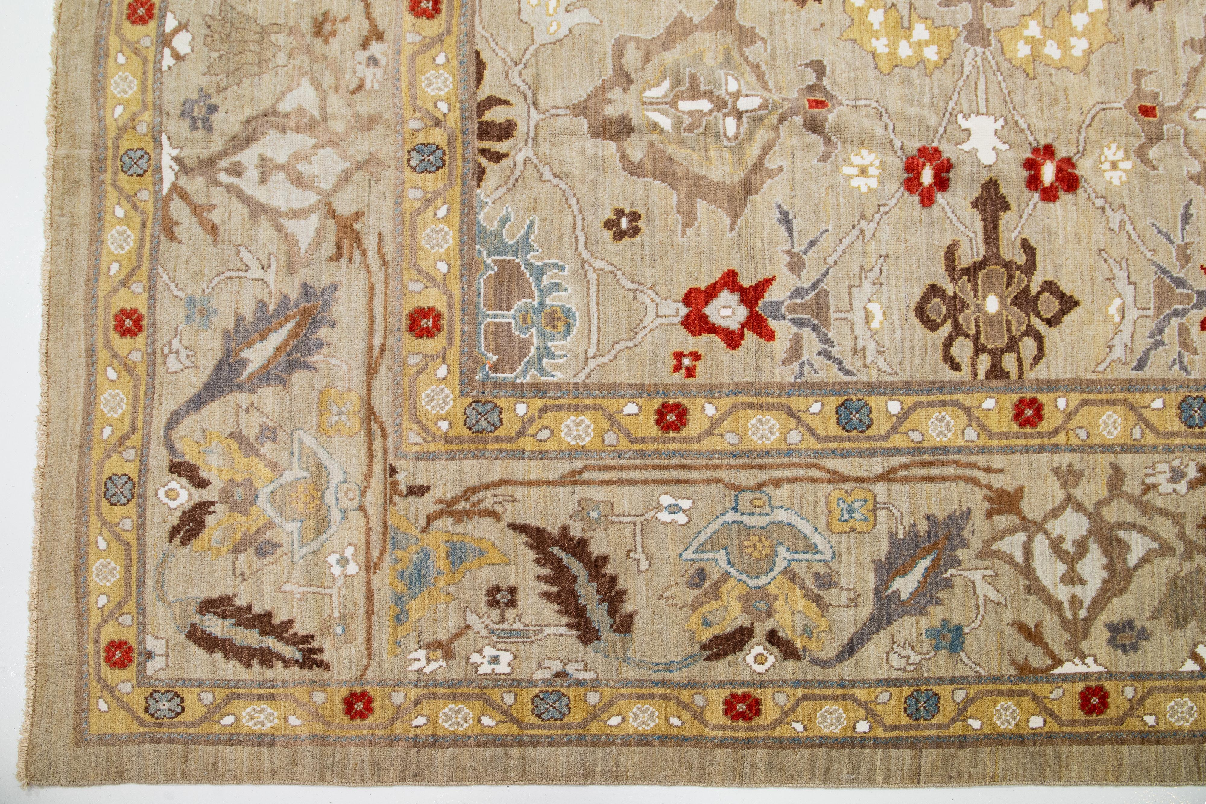 Light Brown Handmade Modern Sultanabad Wool Rug With Floral Motif In New Condition For Sale In Norwalk, CT