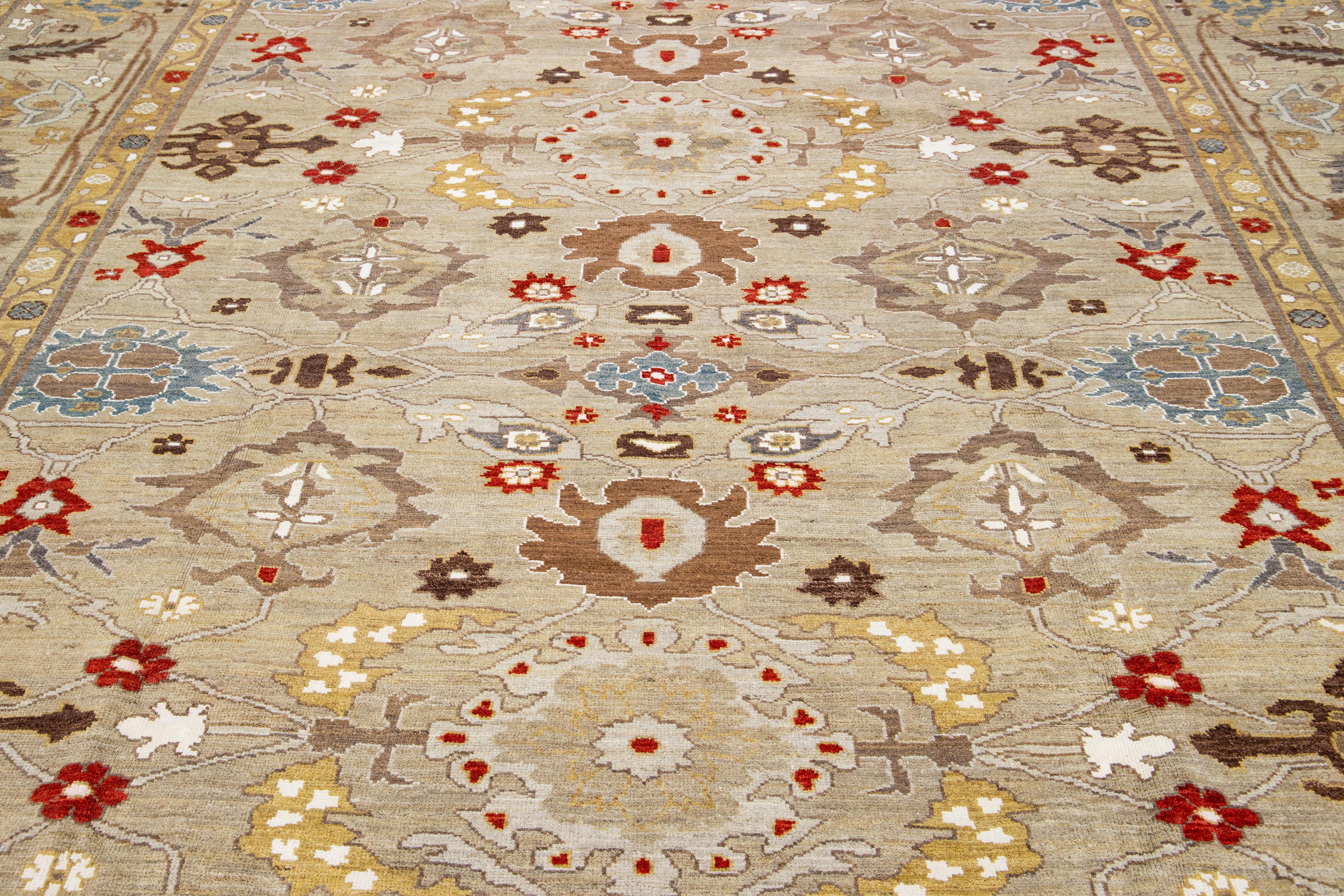 Contemporary Light Brown Handmade Modern Sultanabad Wool Rug With Floral Motif For Sale
