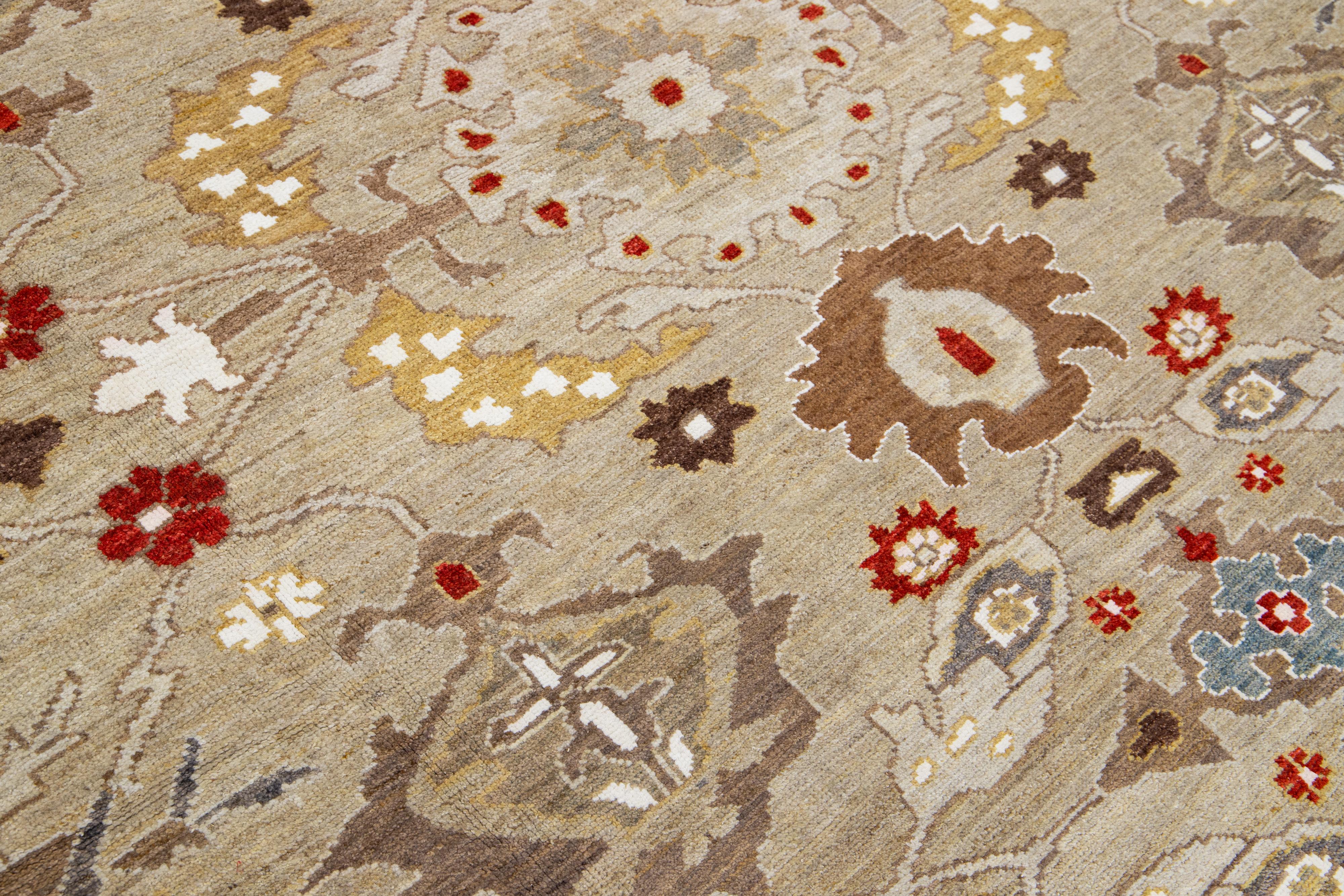 Light Brown Handmade Modern Sultanabad Wool Rug With Floral Motif For Sale 1