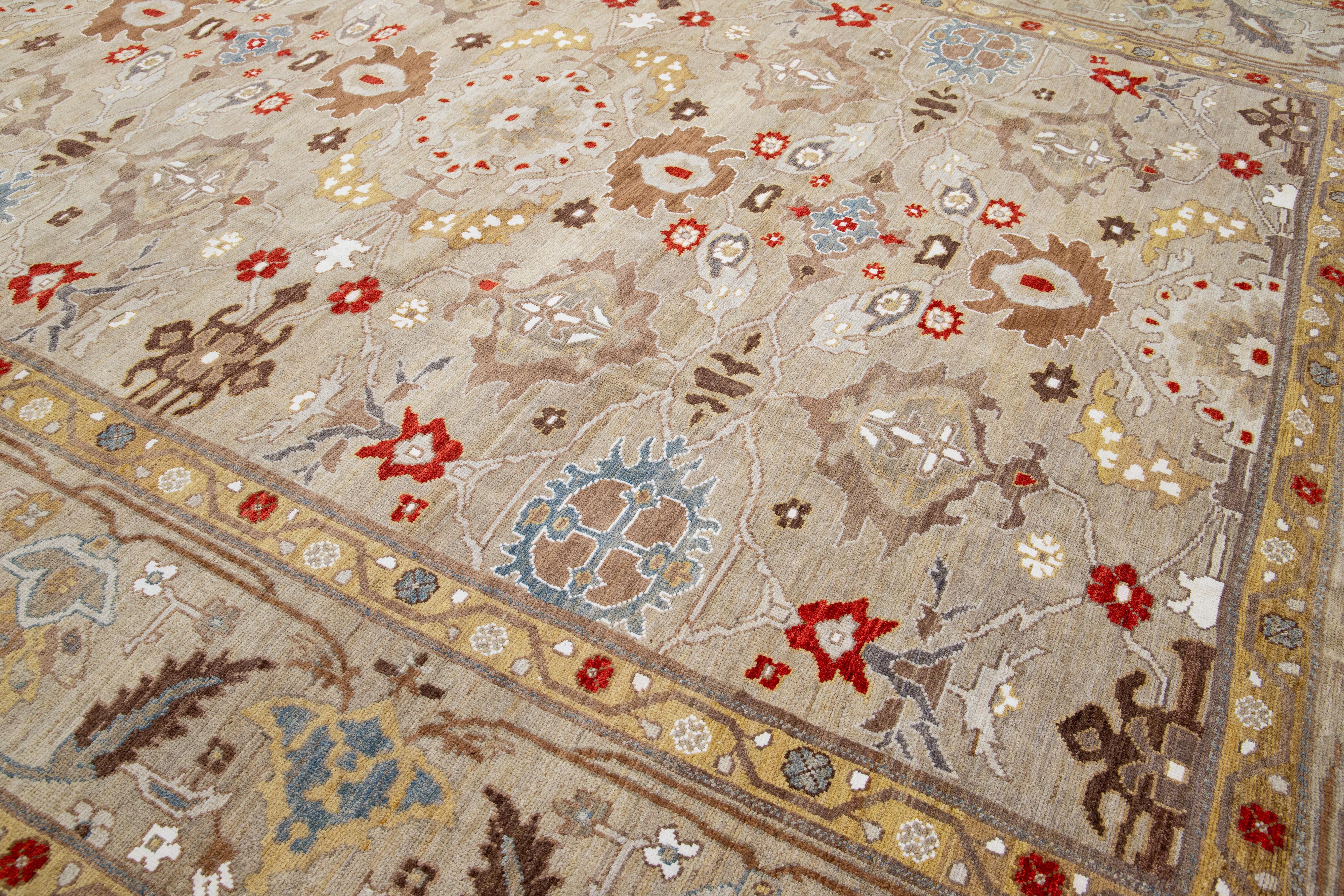 Light Brown Handmade Modern Sultanabad Wool Rug With Floral Motif For Sale 2