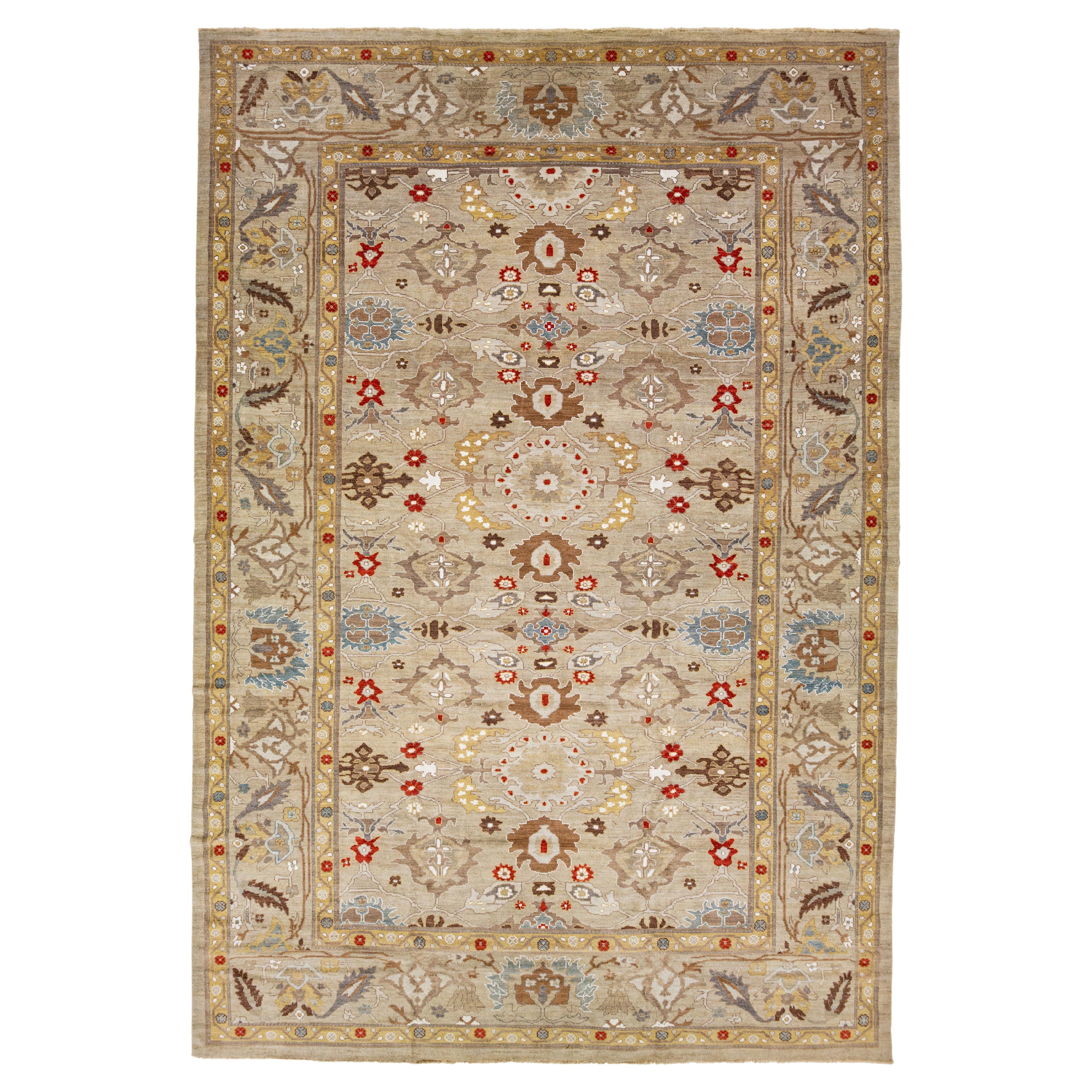 Light Brown Handmade Modern Sultanabad Wool Rug With Floral Motif