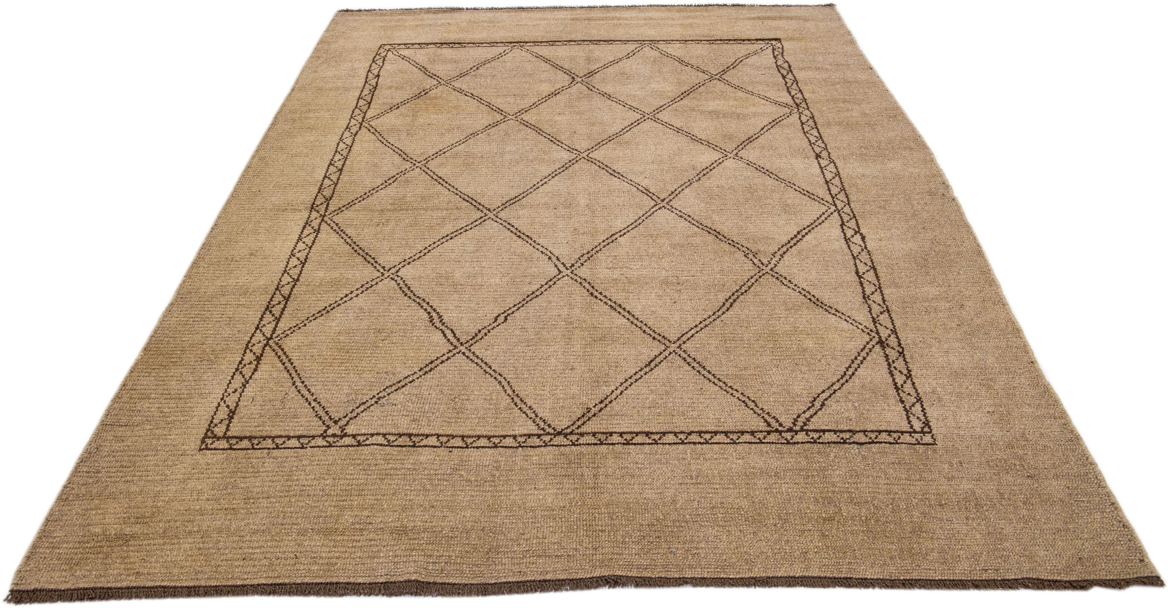 Afghan Light Brown Modern Moroccan Style Handmade Tribal Wool Rug by Apadana For Sale