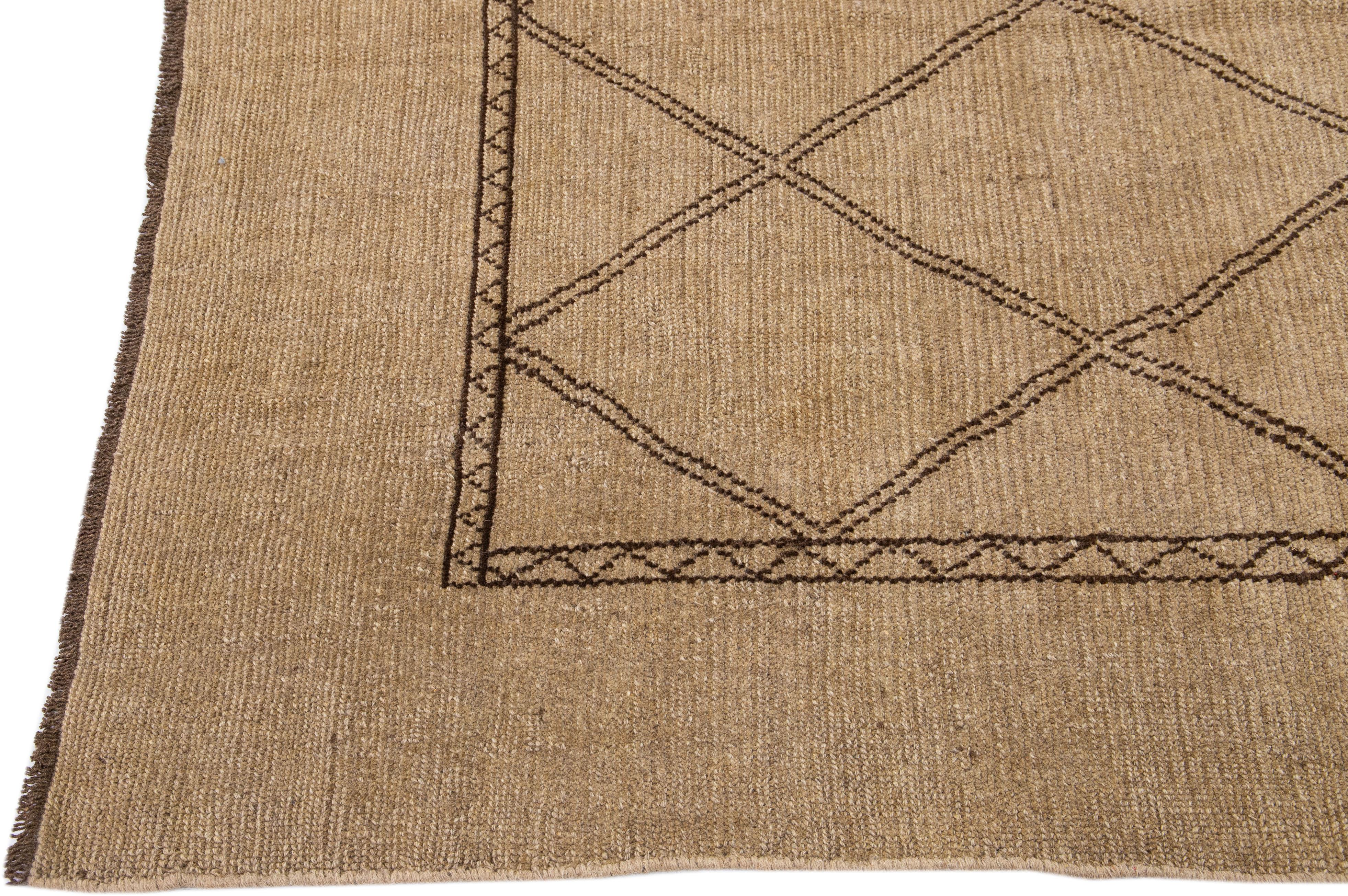 Hand-Knotted Light Brown Modern Moroccan Style Handmade Tribal Wool Rug by Apadana For Sale