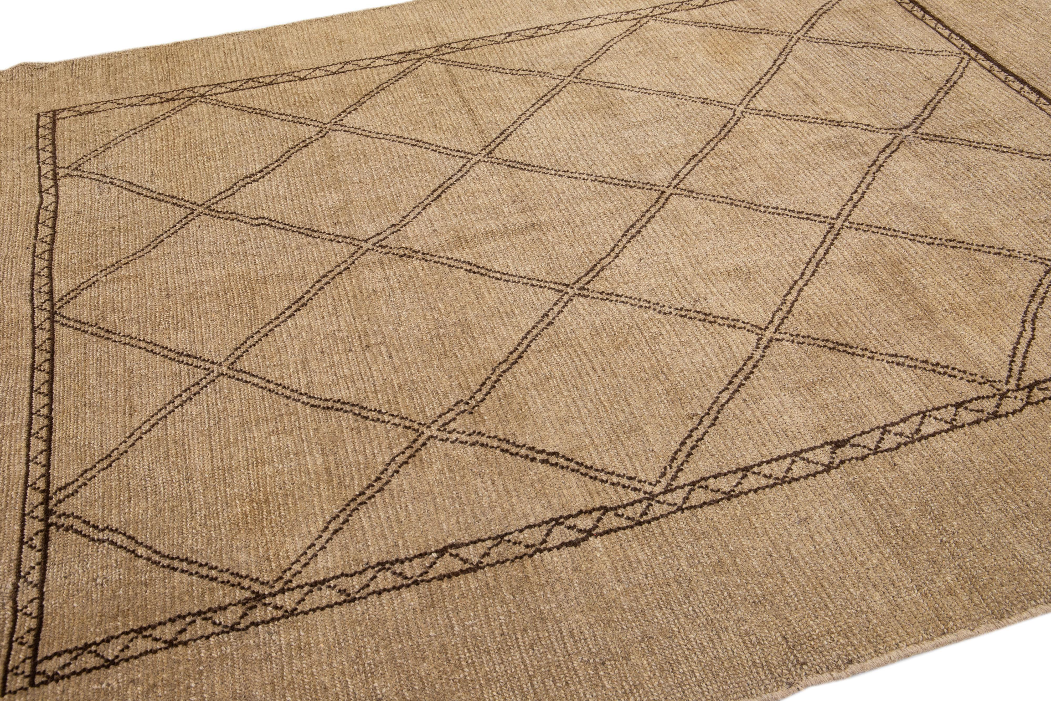 Light Brown Modern Moroccan Style Handmade Tribal Wool Rug by Apadana In New Condition For Sale In Norwalk, CT