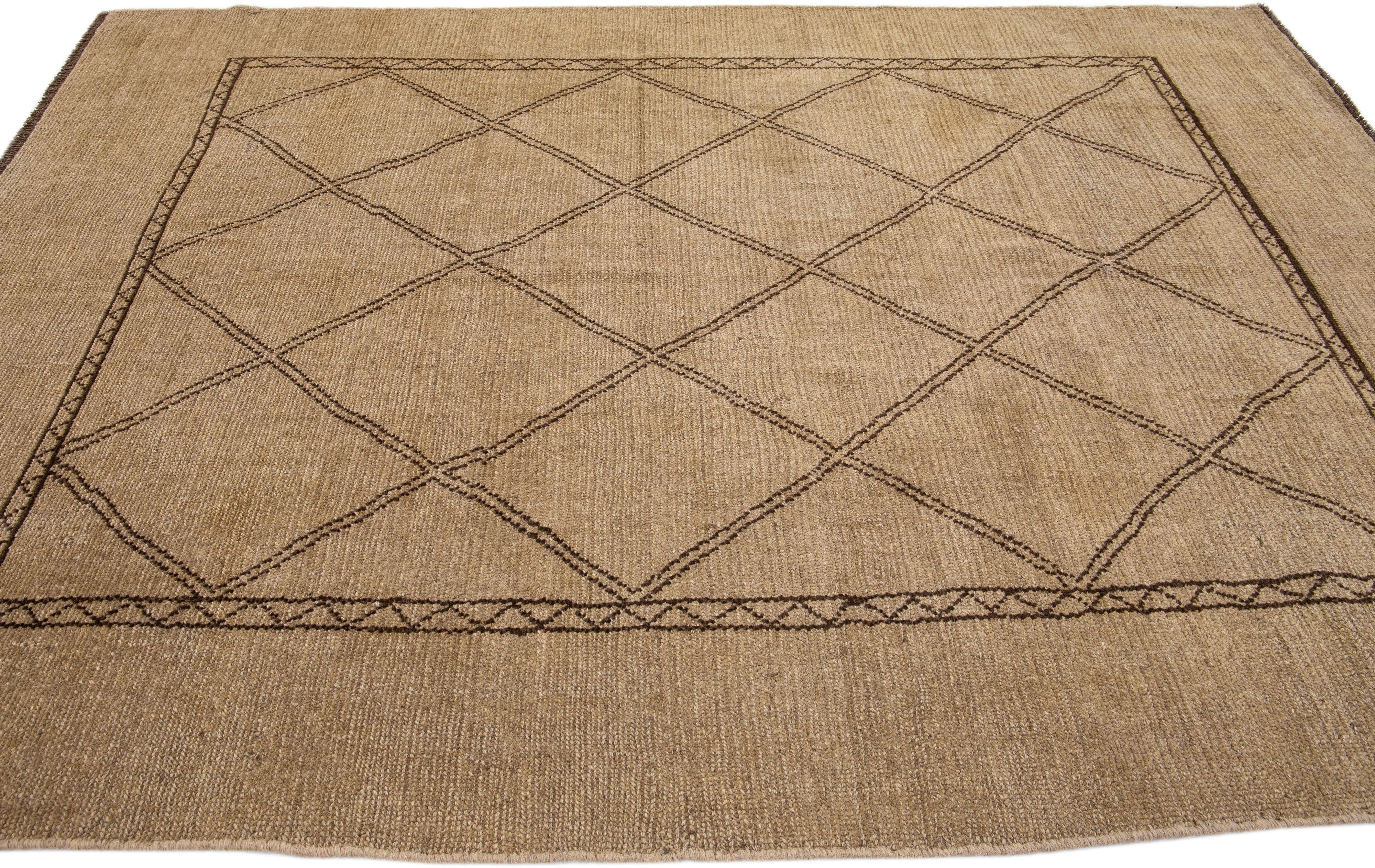 Contemporary Light Brown Modern Moroccan Style Handmade Tribal Wool Rug by Apadana For Sale
