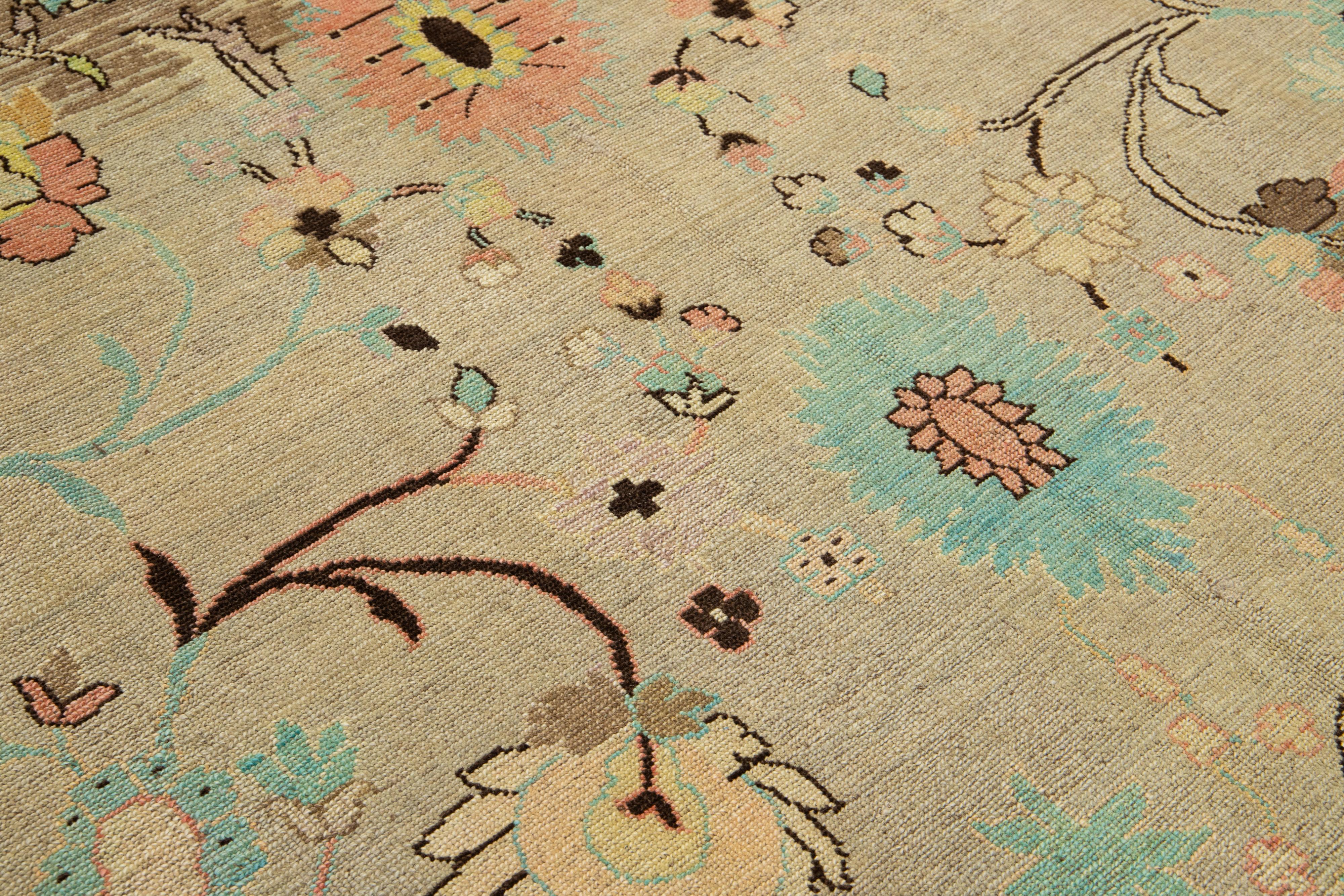 Light Brown Modern Revival Wool Rug Handmade With Allover Floral Design For Sale 3