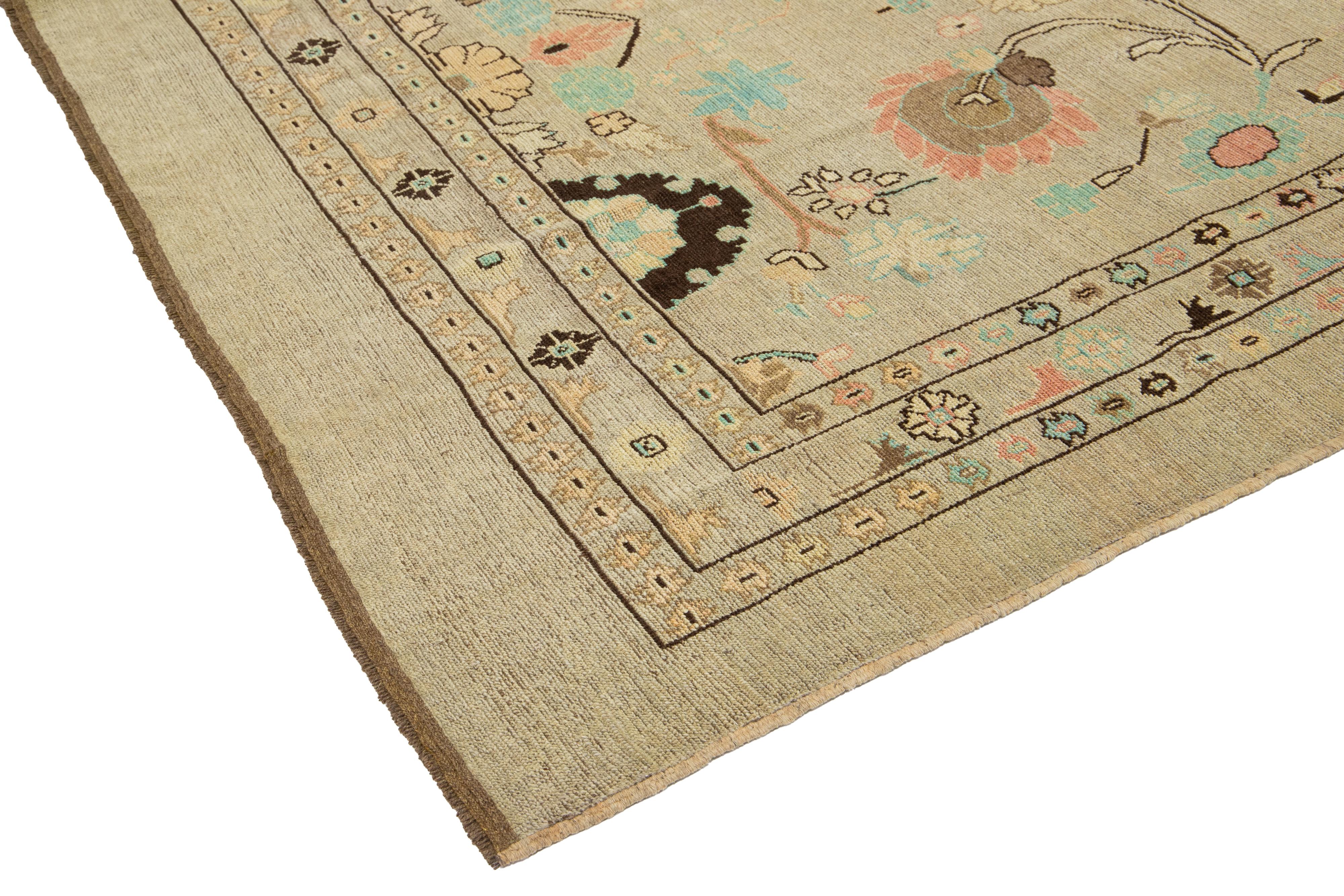 Light Brown Modern Revival Wool Rug Handmade With Allover Floral Design For Sale 4