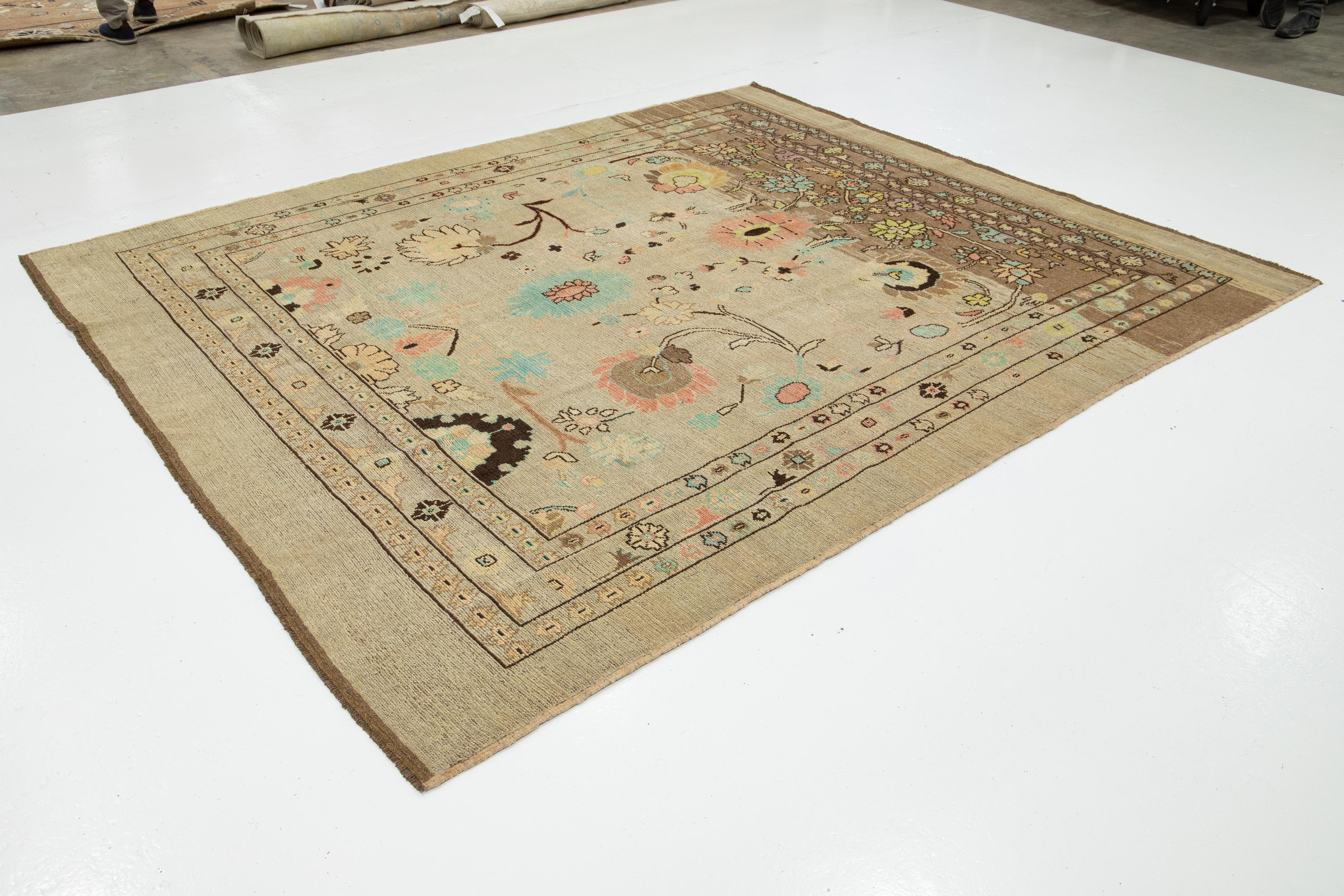 Regency Revival Light Brown Modern Revival Wool Rug Handmade With Allover Floral Design For Sale