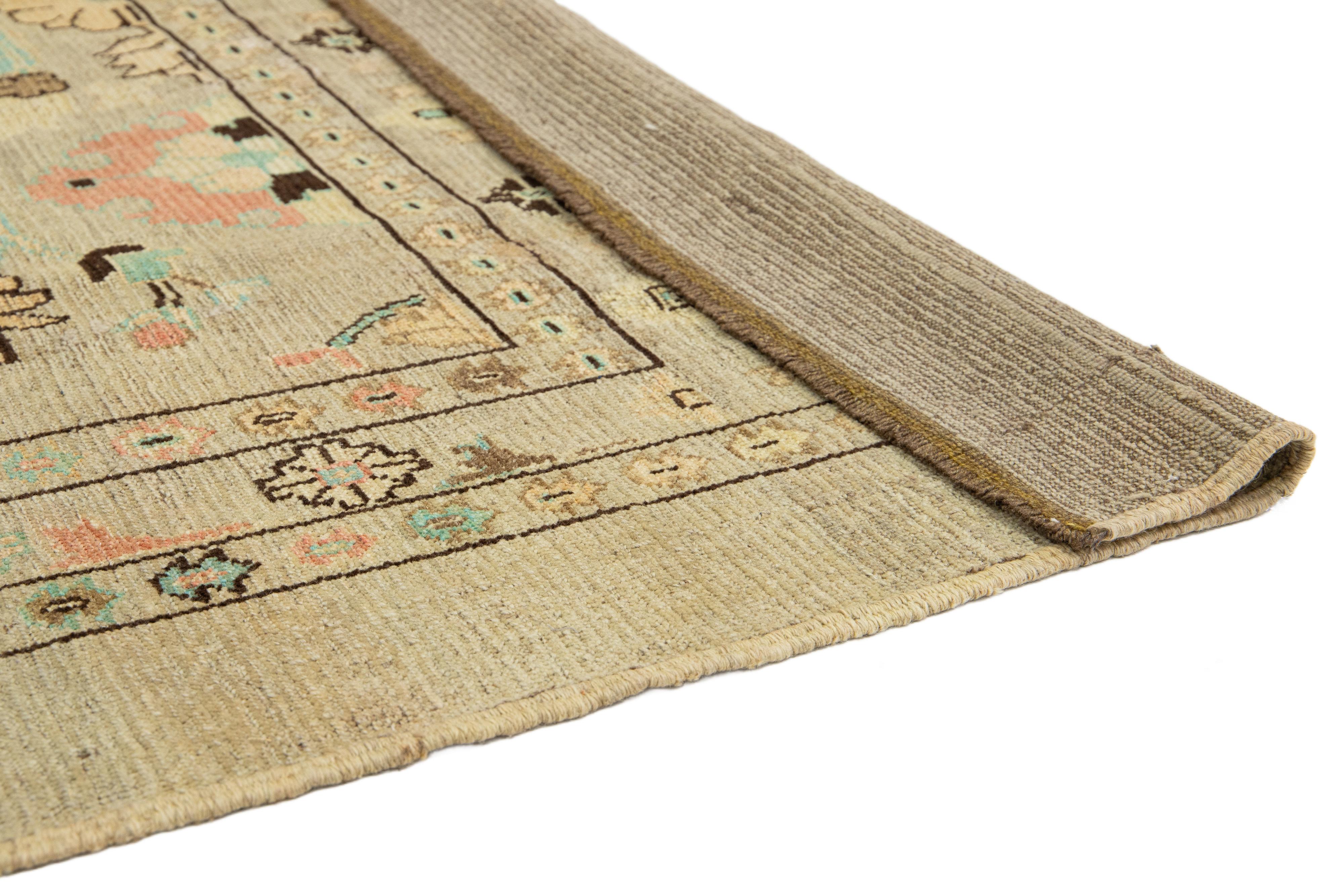 Afghan Light Brown Modern Revival Wool Rug Handmade With Allover Floral Design For Sale