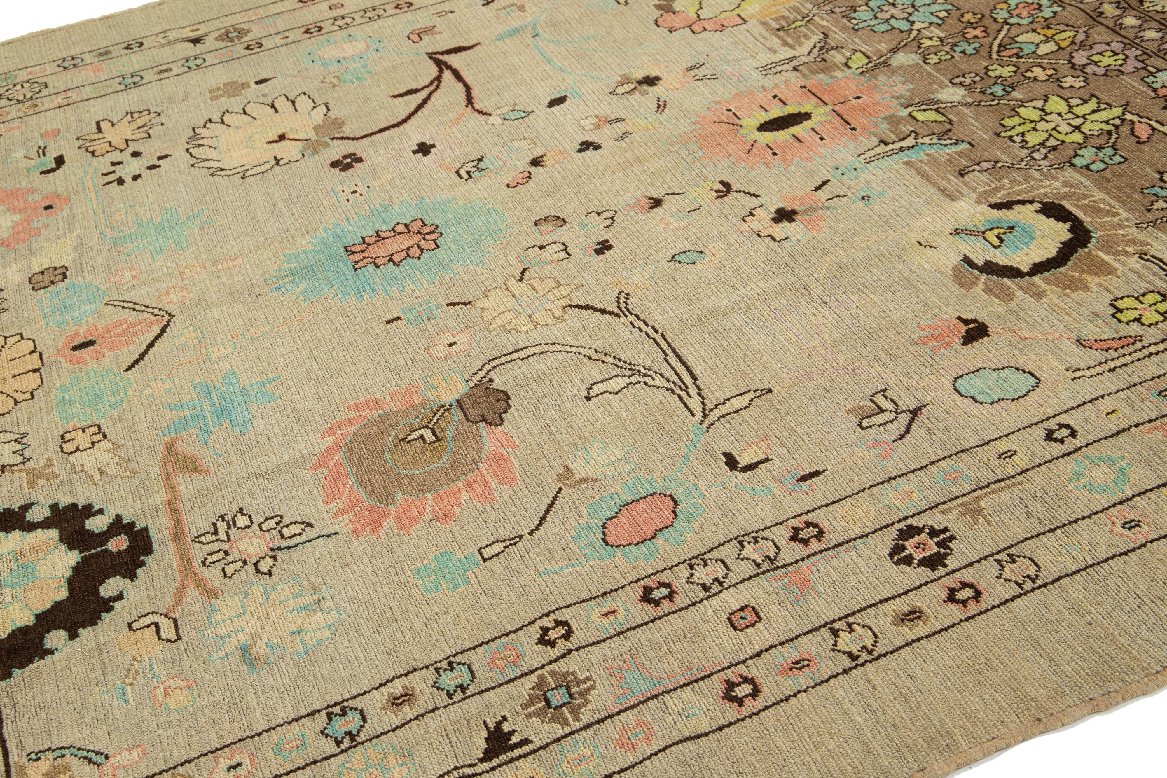 Hand-Knotted Light Brown Modern Revival Wool Rug Handmade With Allover Floral Design For Sale
