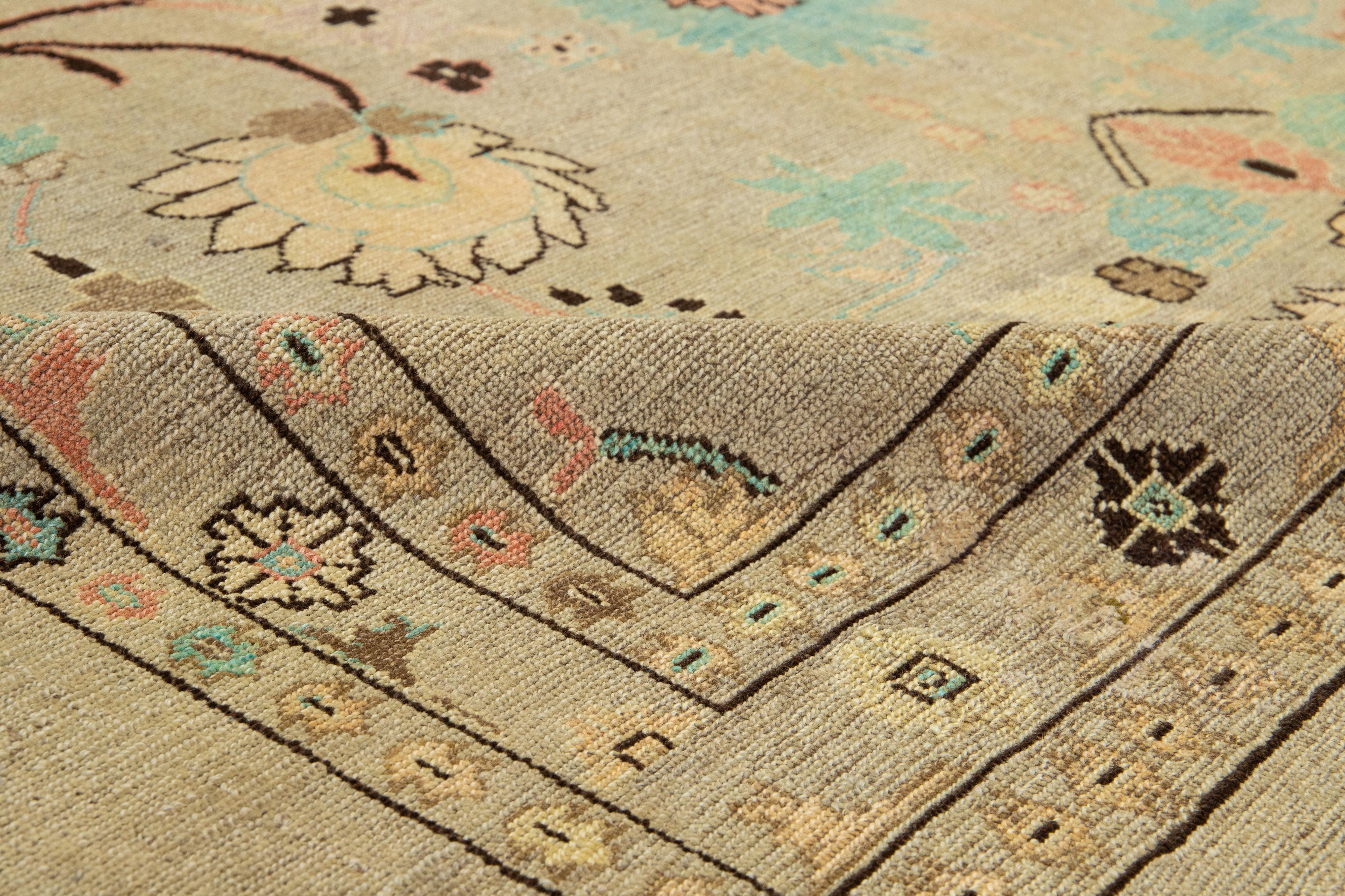 Light Brown Modern Revival Wool Rug Handmade With Allover Floral Design In New Condition For Sale In Norwalk, CT