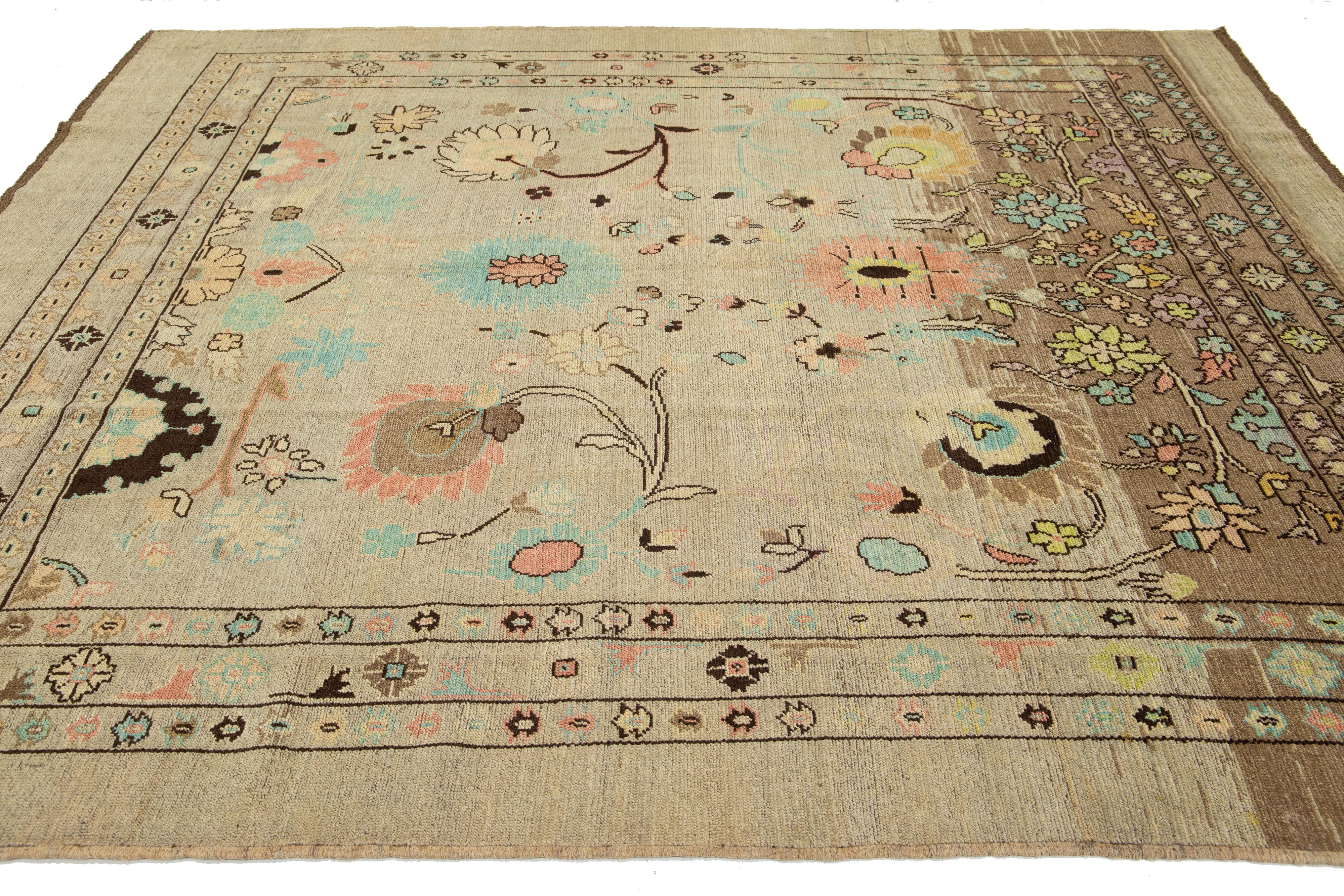 Contemporary Light Brown Modern Revival Wool Rug Handmade With Allover Floral Design For Sale