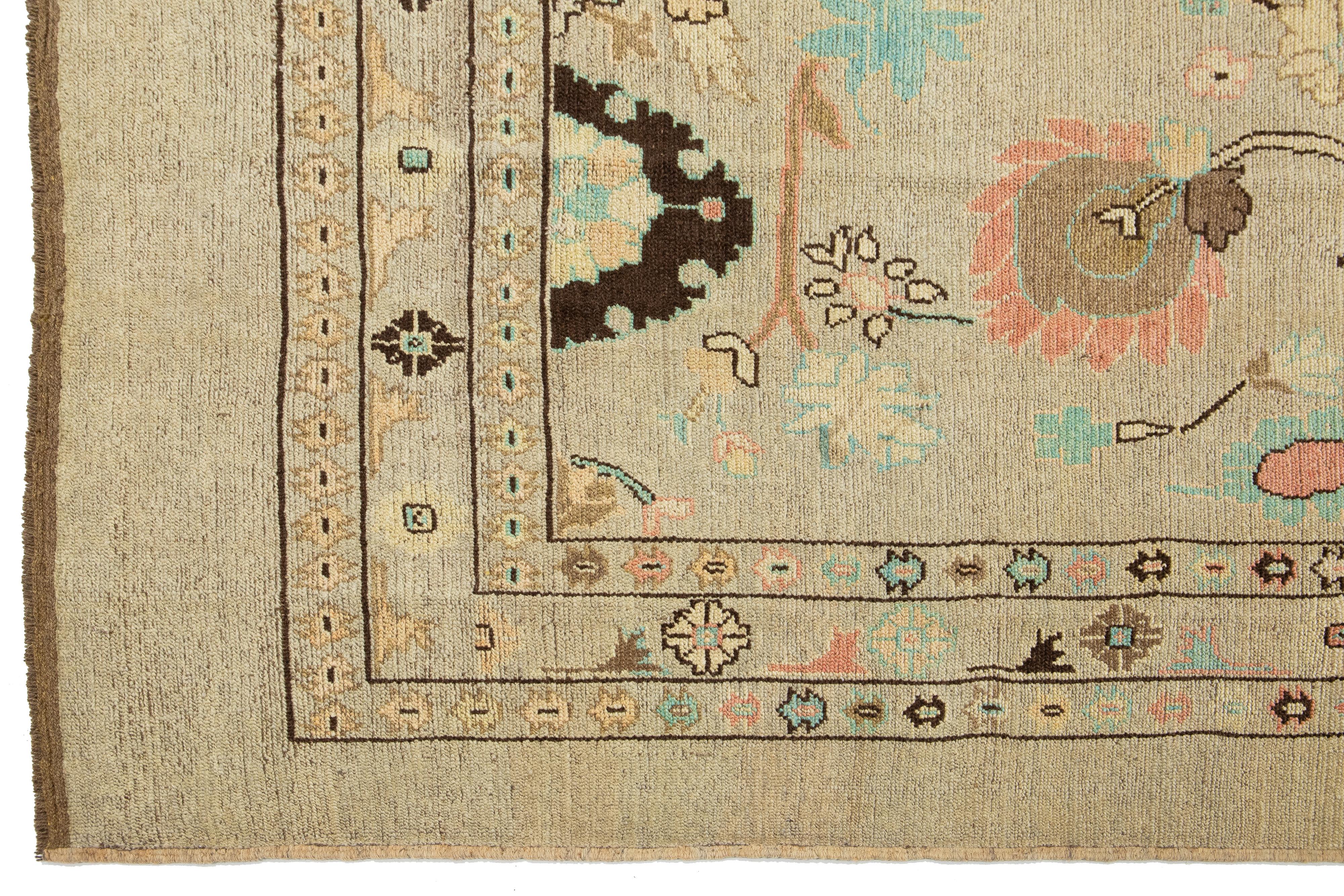 Light Brown Modern Revival Wool Rug Handmade With Allover Floral Design For Sale 1