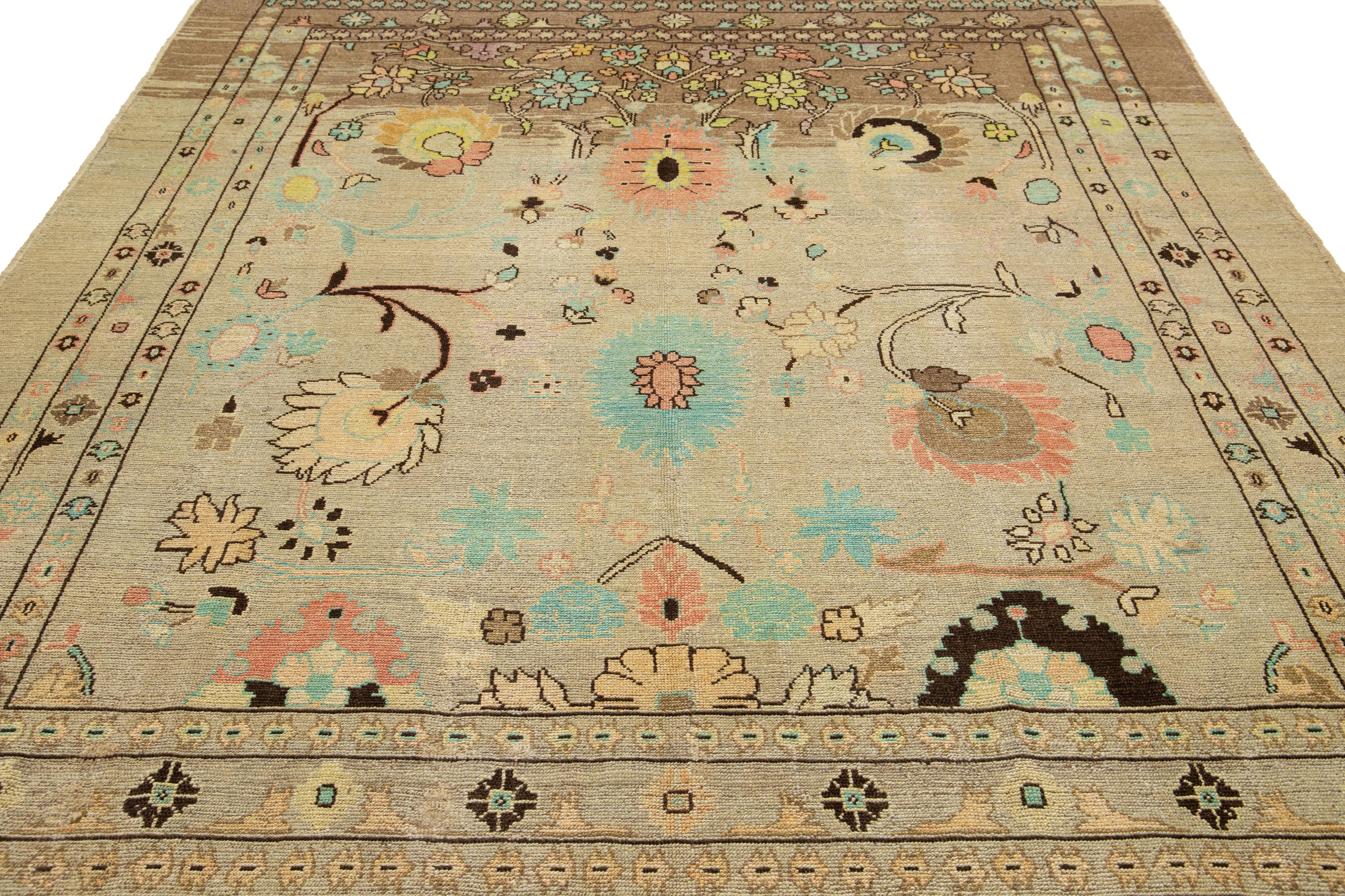 Light Brown Modern Revival Wool Rug Handmade With Allover Floral Design For Sale 2