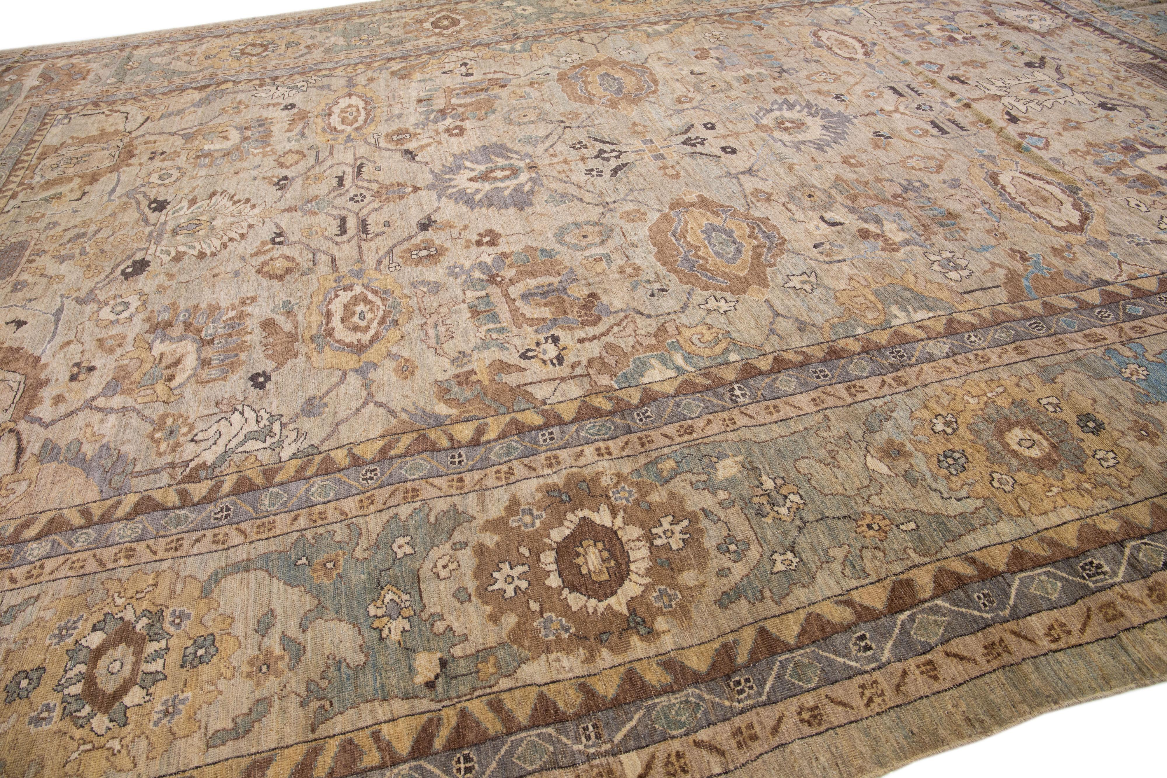 Hand-Knotted Light Brown Modern Sultanabad Handmade Persian Wool Rug with Floral Motif For Sale