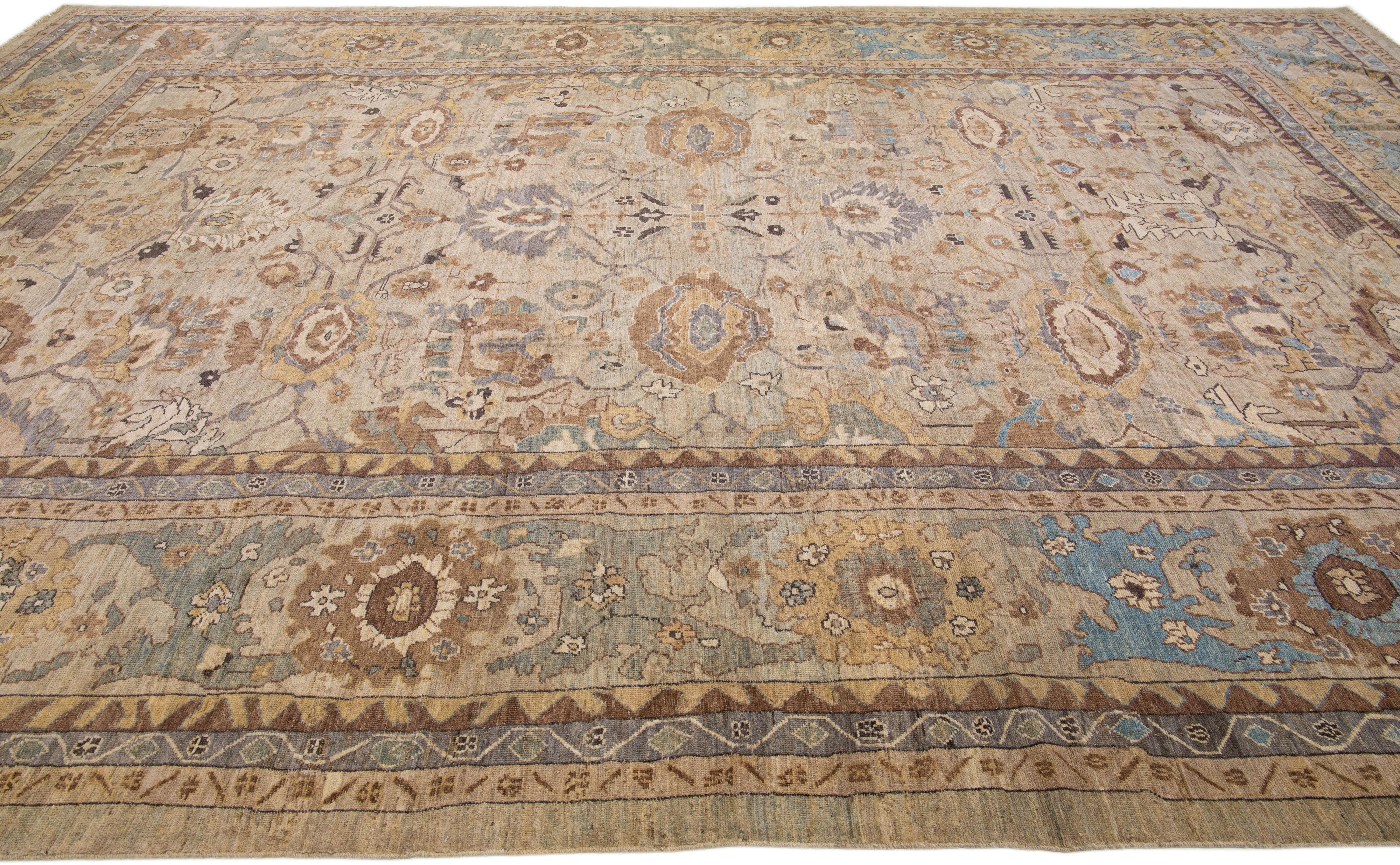 Light Brown Modern Sultanabad Handmade Persian Wool Rug with Floral Motif For Sale 1
