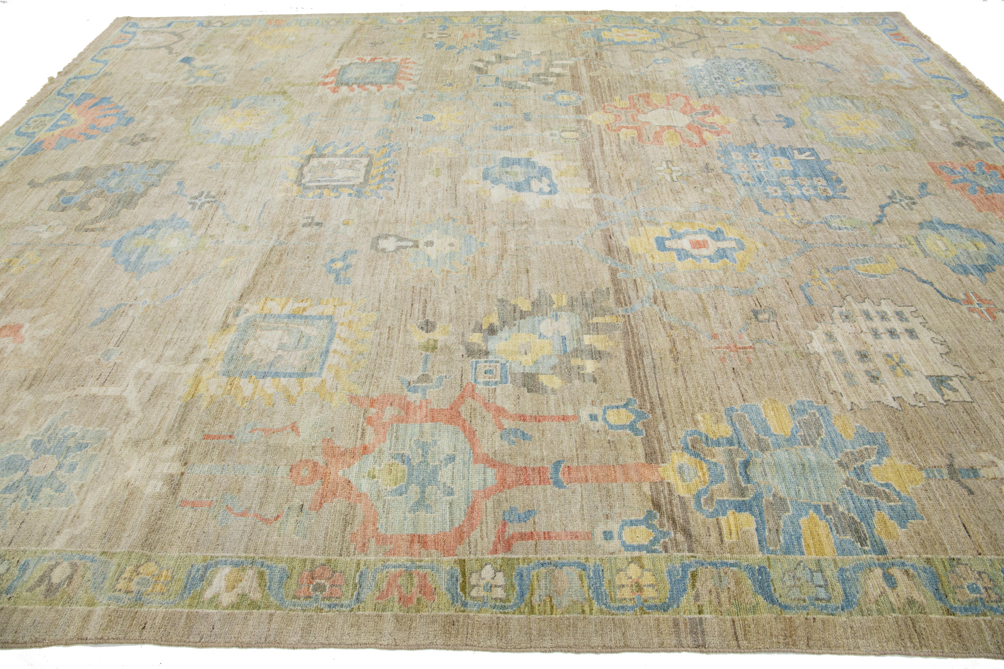 Hand-Knotted Light Brown Modern Sultanabad Wool Rug Handmade Allover Floral Motif  For Sale