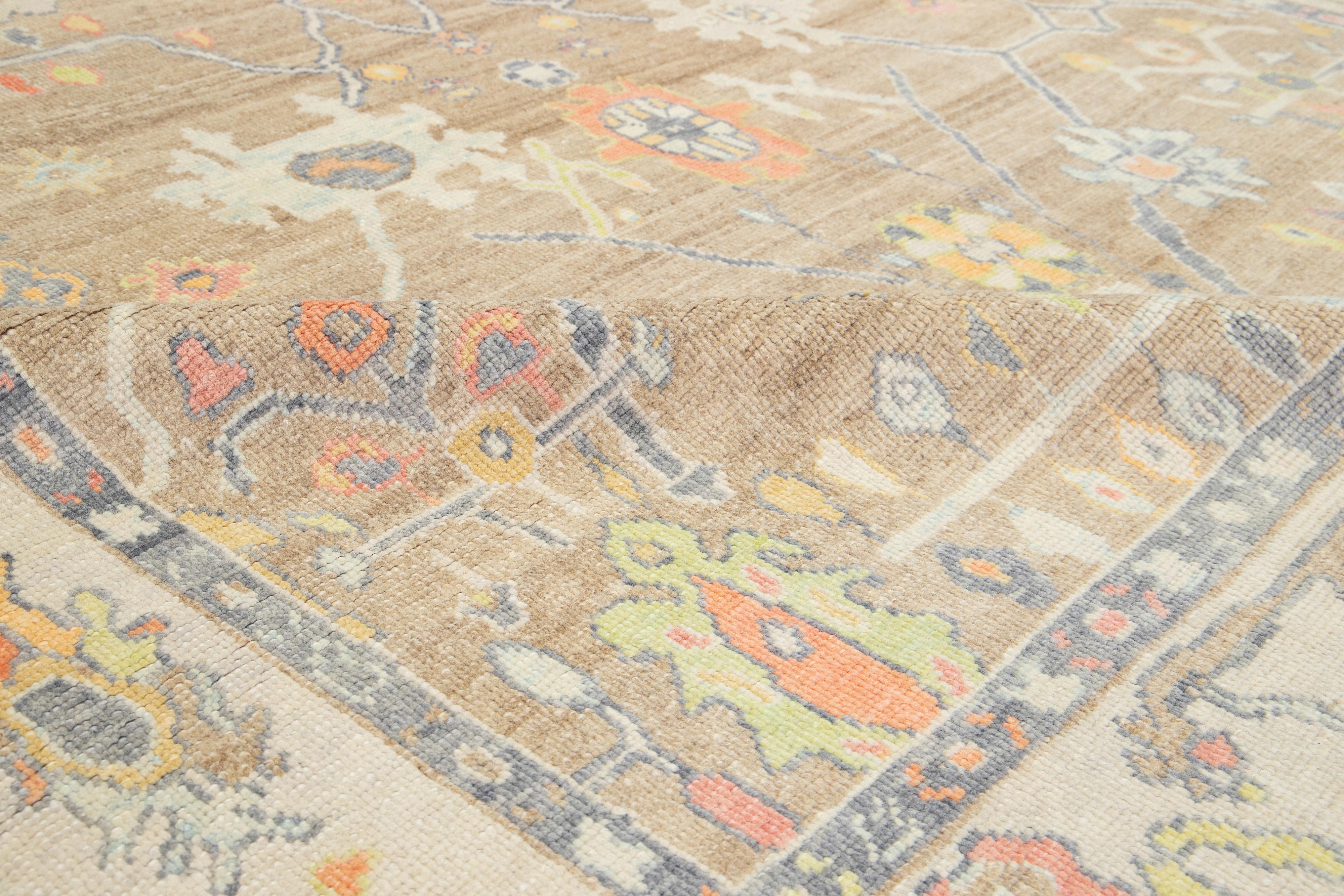 Light Brown Modern Turkish Oushak Wool Rug With Floral Design For Sale 5