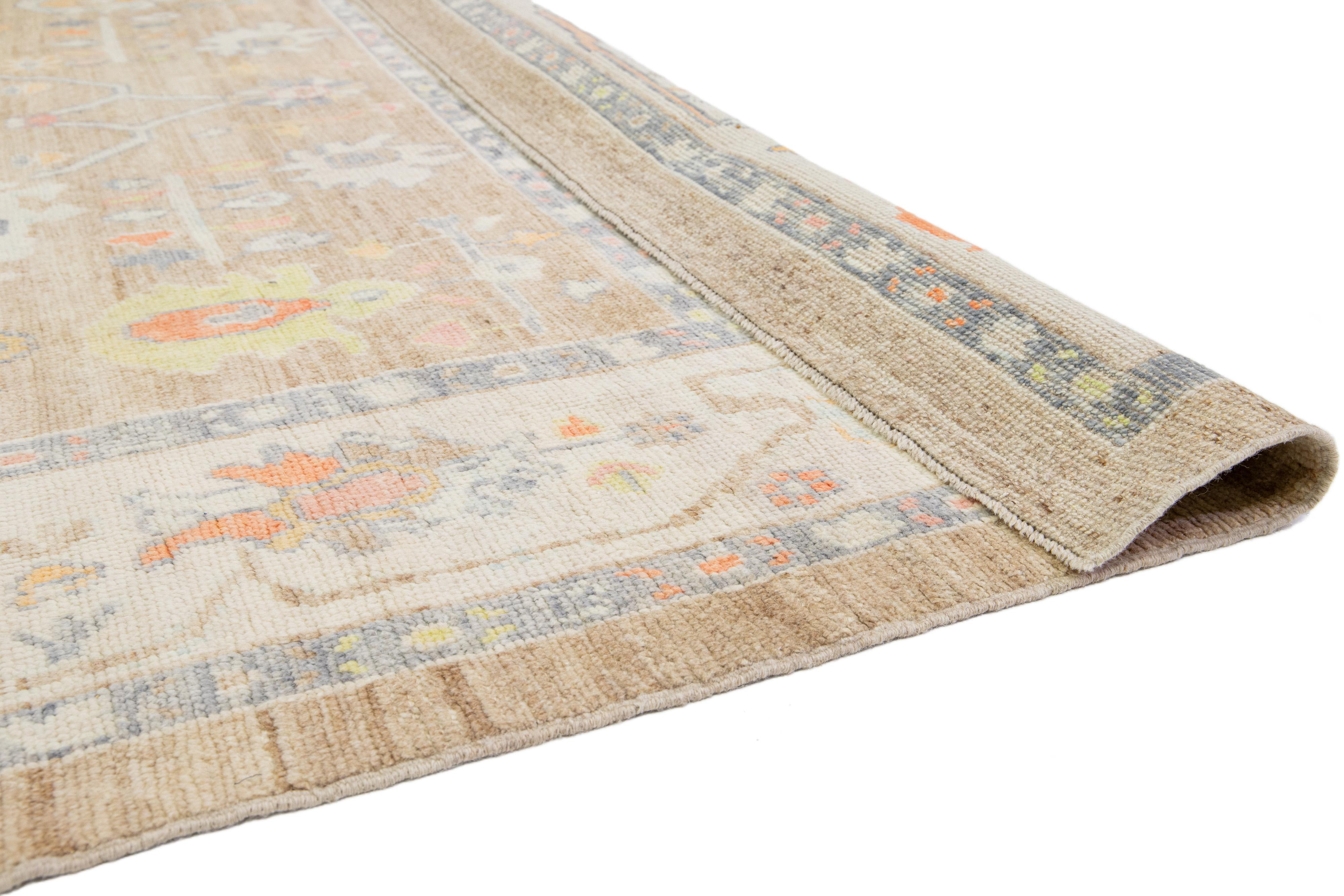 Hand-Knotted Light Brown Modern Turkish Oushak Wool Rug With Floral Design For Sale