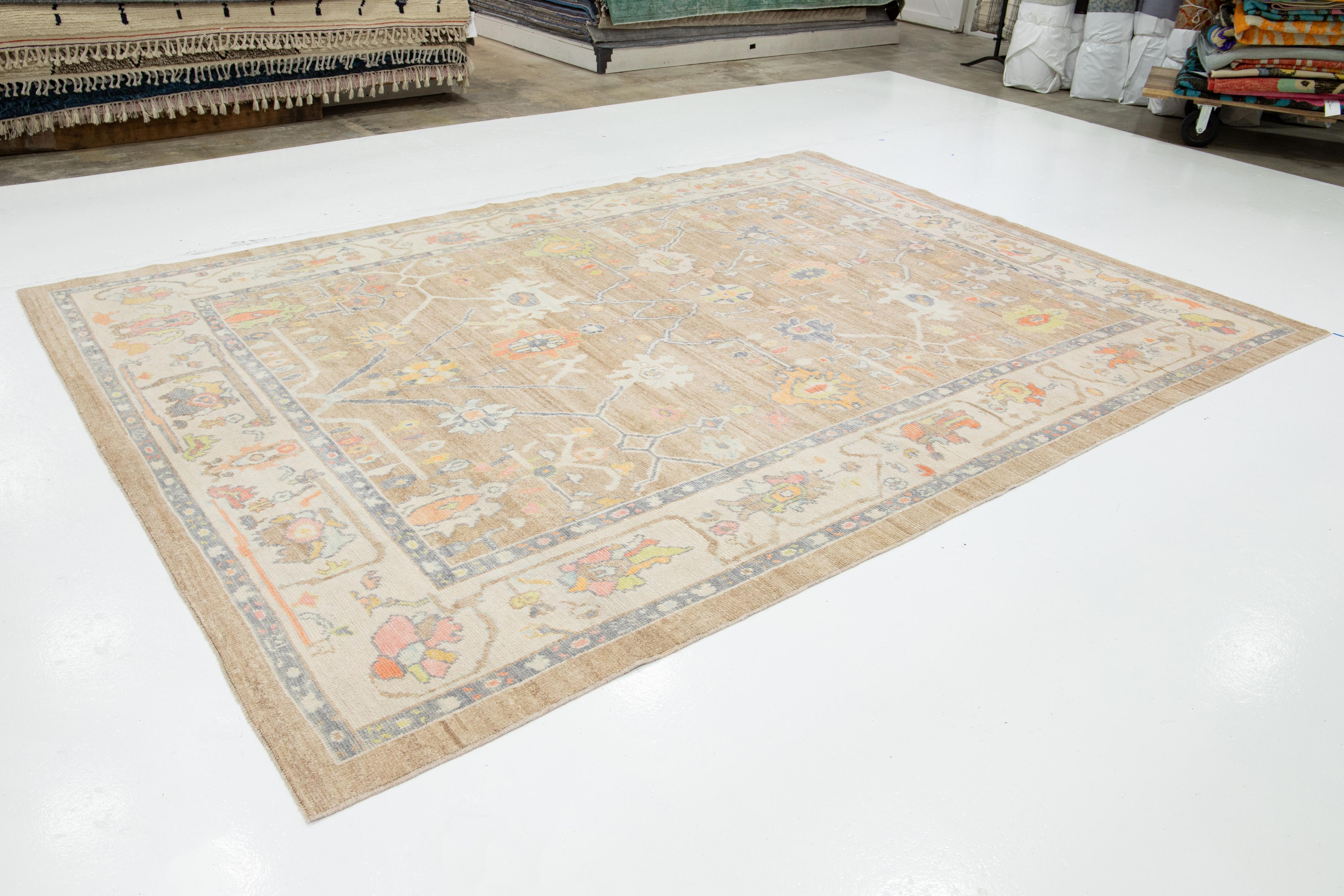 Contemporary Light Brown Modern Turkish Oushak Wool Rug With Floral Design For Sale