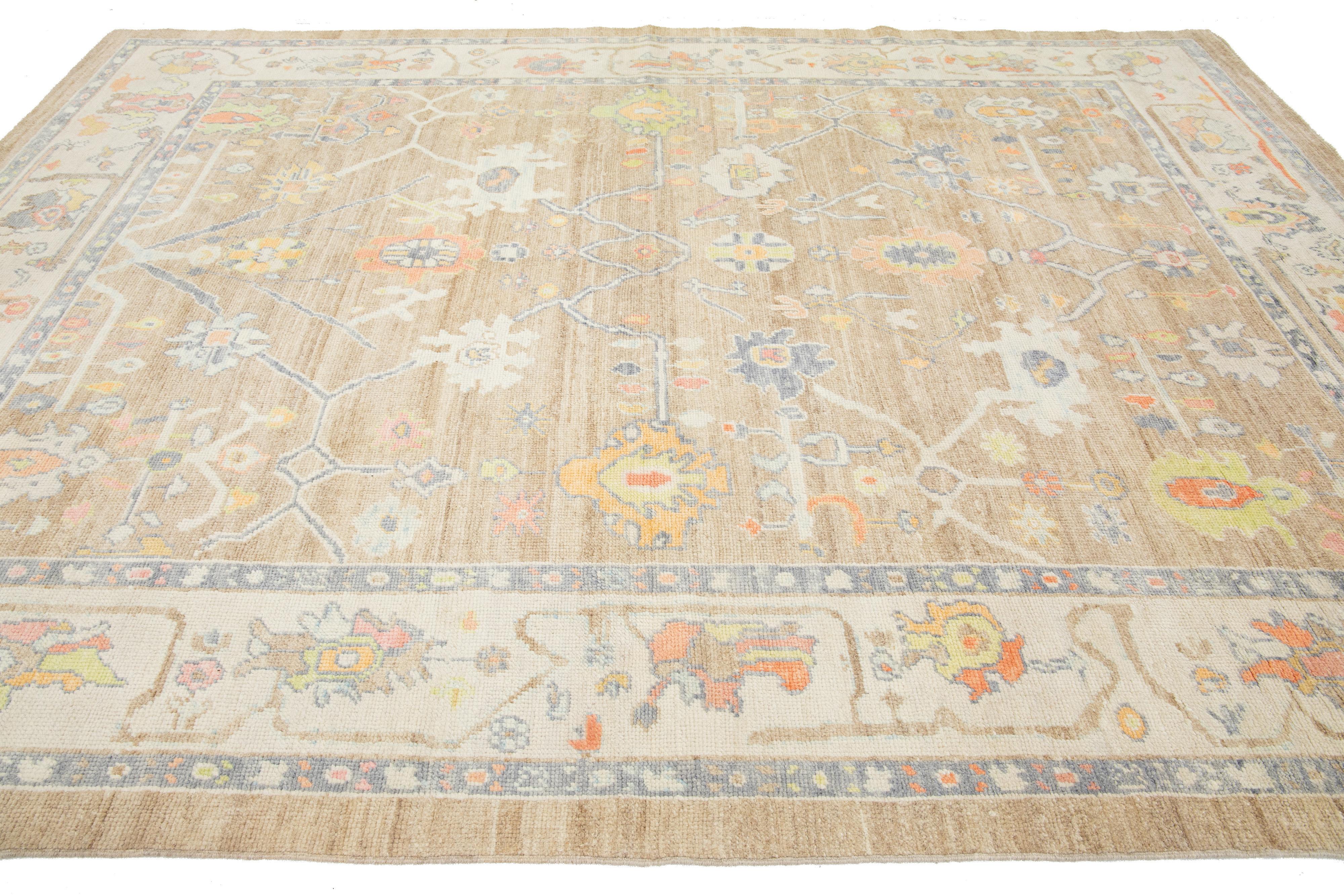 Light Brown Modern Turkish Oushak Wool Rug With Floral Design For Sale 1