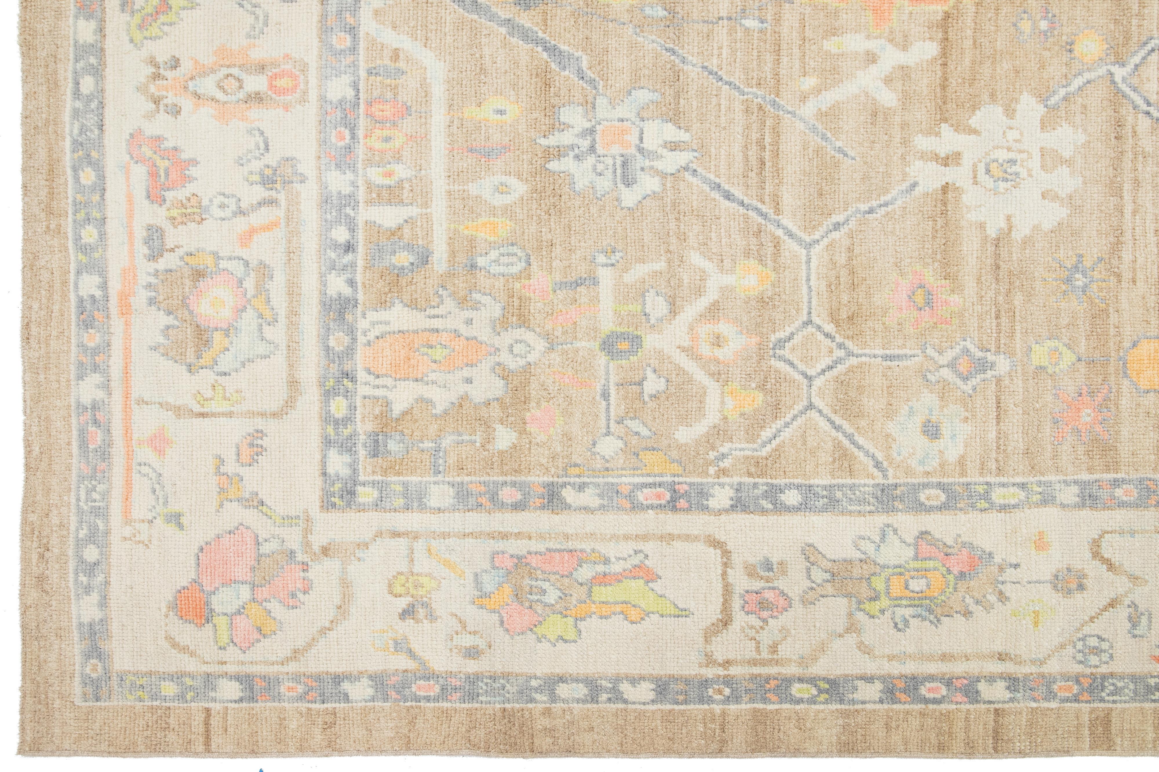 Light Brown Modern Turkish Oushak Wool Rug With Floral Design For Sale 2