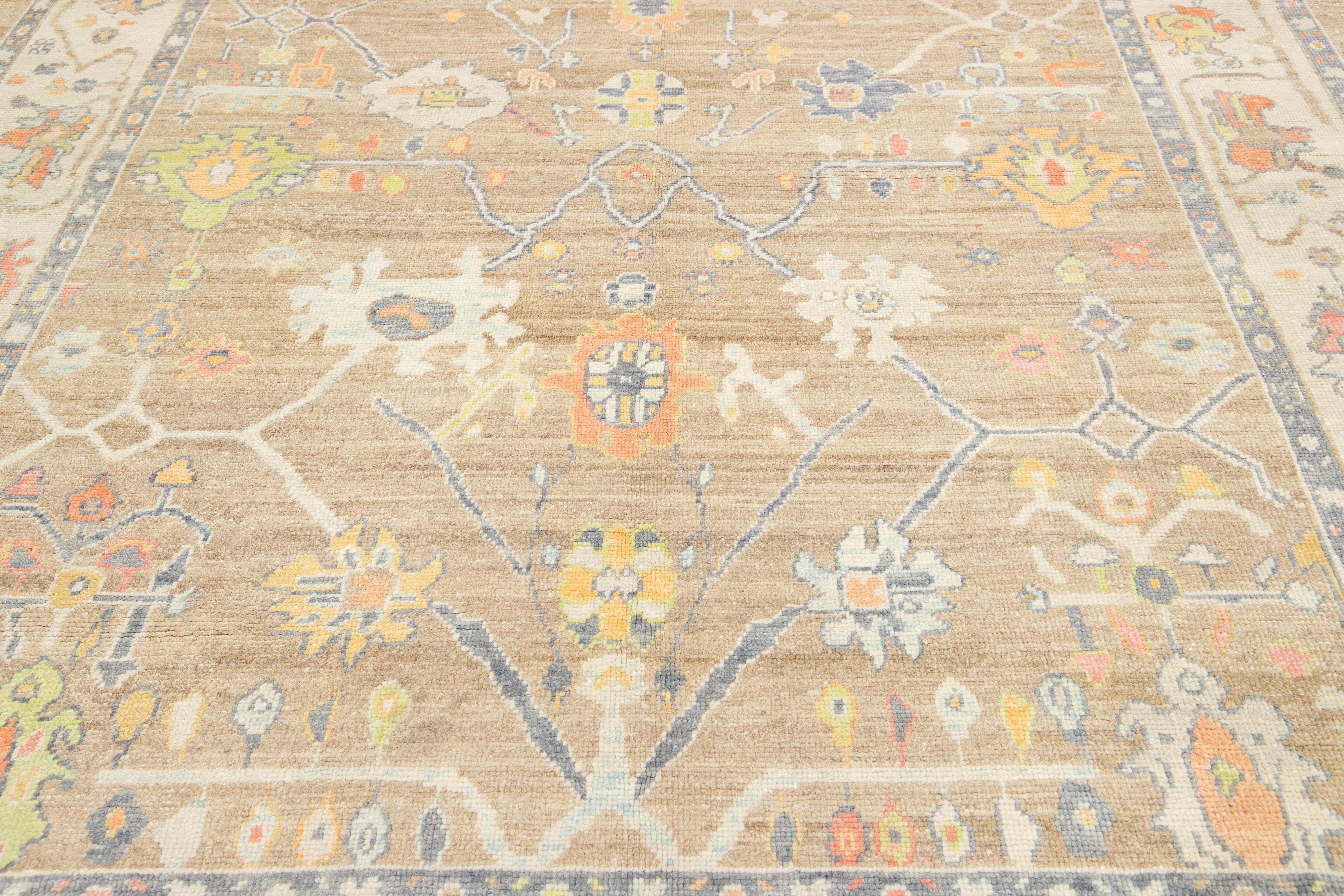 Light Brown Modern Turkish Oushak Wool Rug With Floral Design For Sale 3