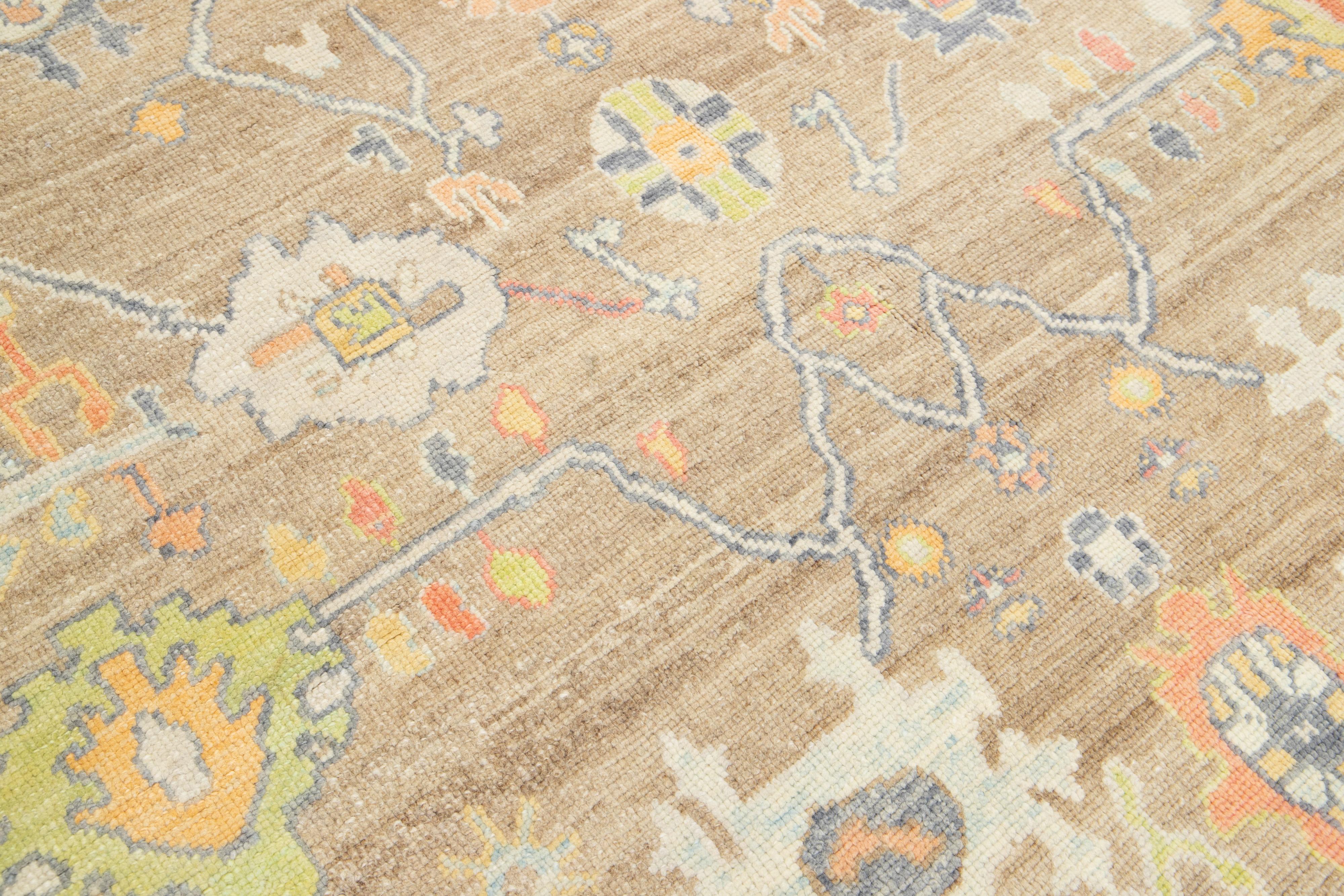 Light Brown Modern Turkish Oushak Wool Rug With Floral Design For Sale 4