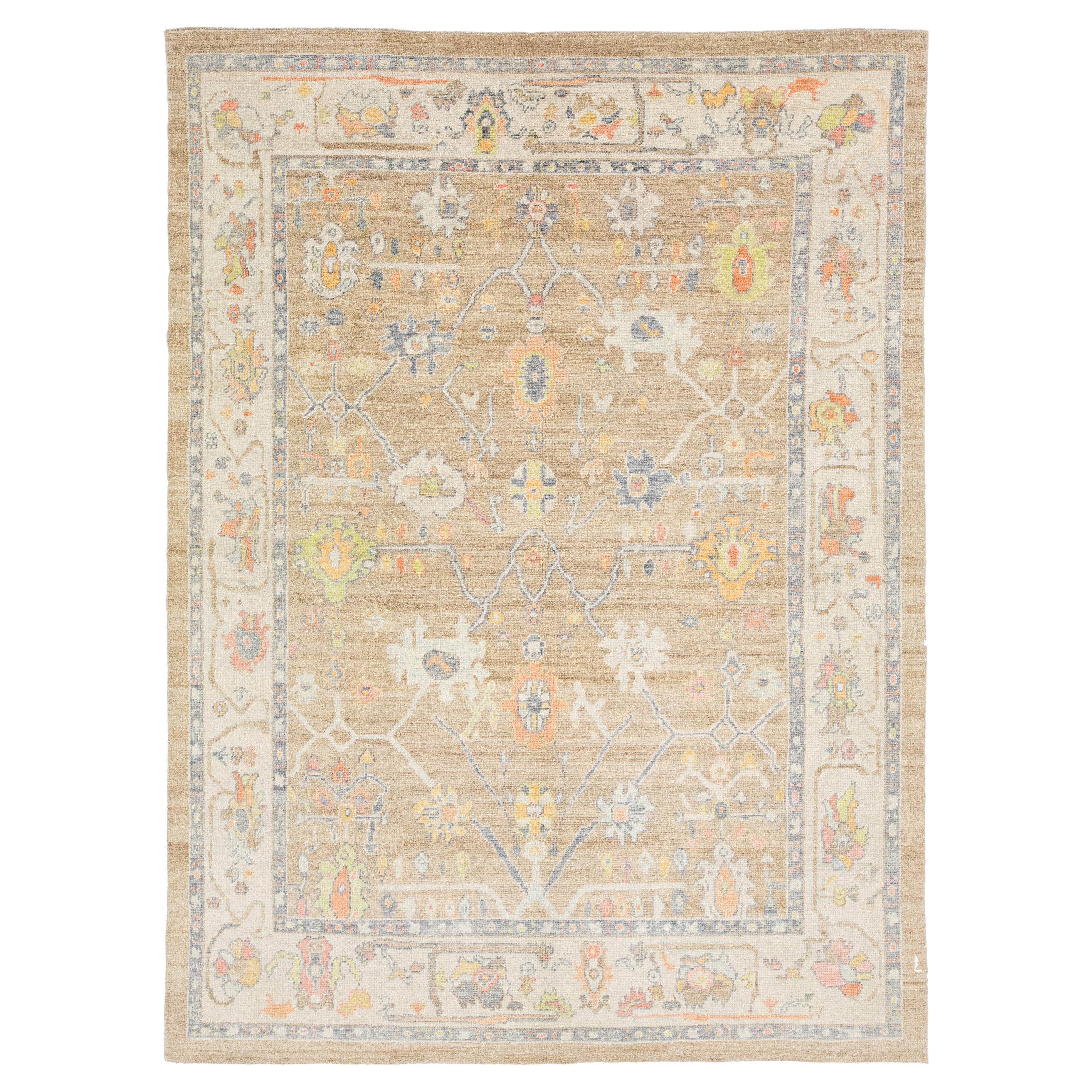 Light Brown Modern Turkish Oushak Wool Rug With Floral Design For Sale
