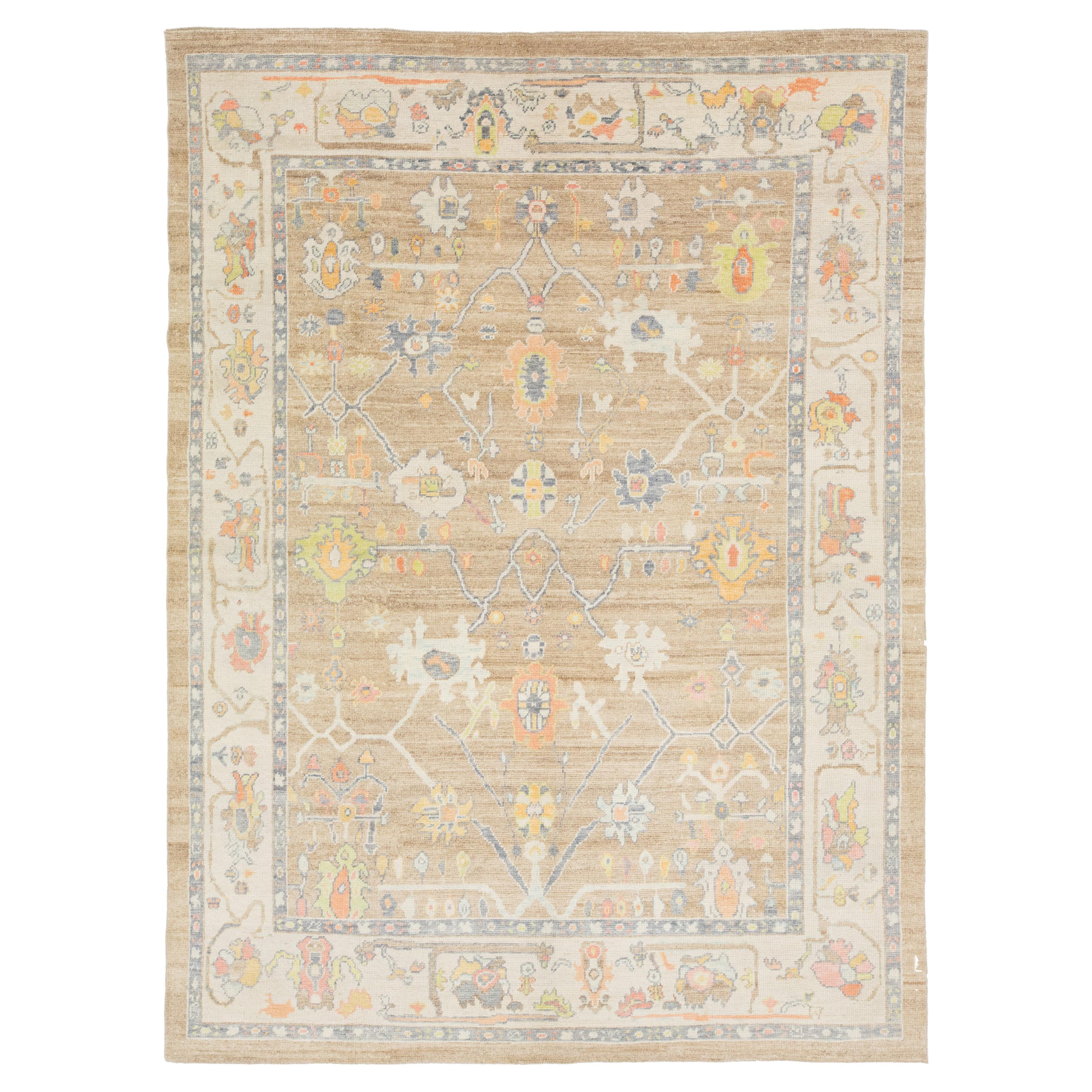 Light Brown Modern Turkish Oushak Wool Rug With Floral Design