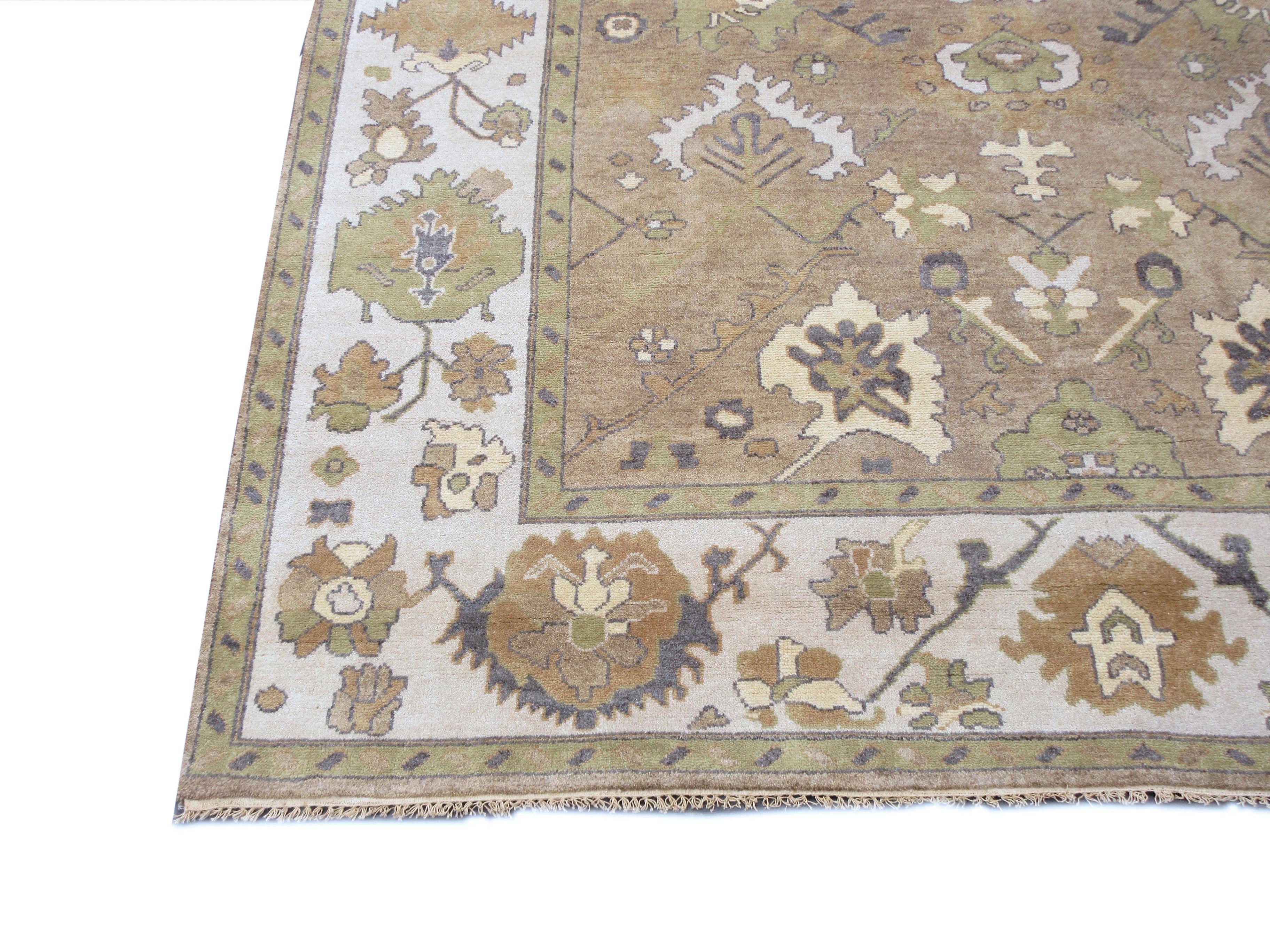 Hand-Knotted Light-Brown Oushak Area Rug For Sale
