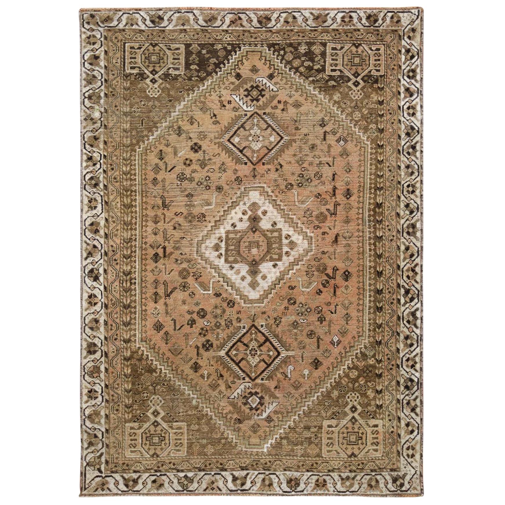Light Brown Persian Shiraz Old Cropped Thin Handmade Bohemian Wool Rug