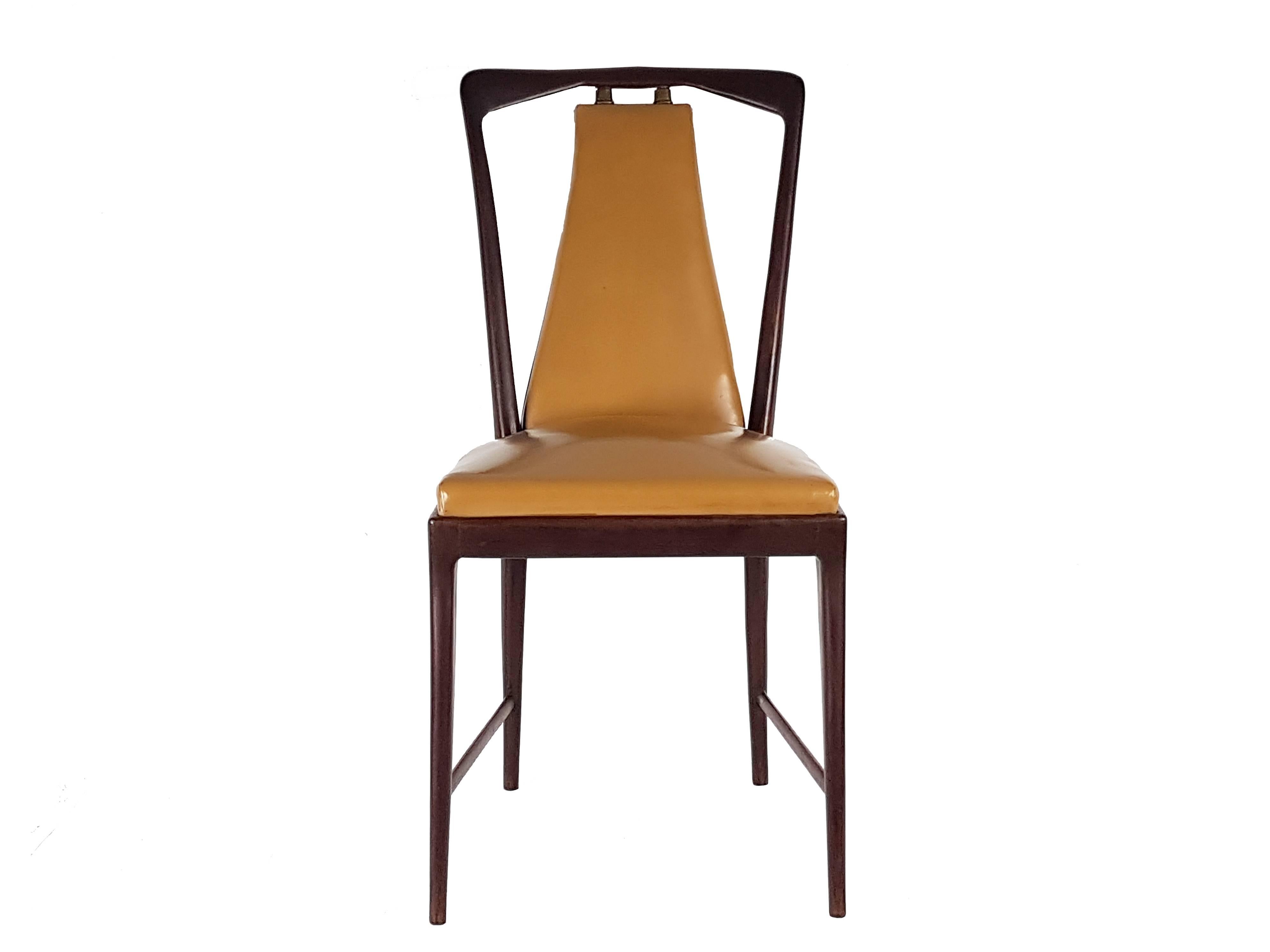 Mid-Century Modern 6 Light-Brown Skai and Wood 1940s Dining Chairs in the Style of Osvaldo Borsani