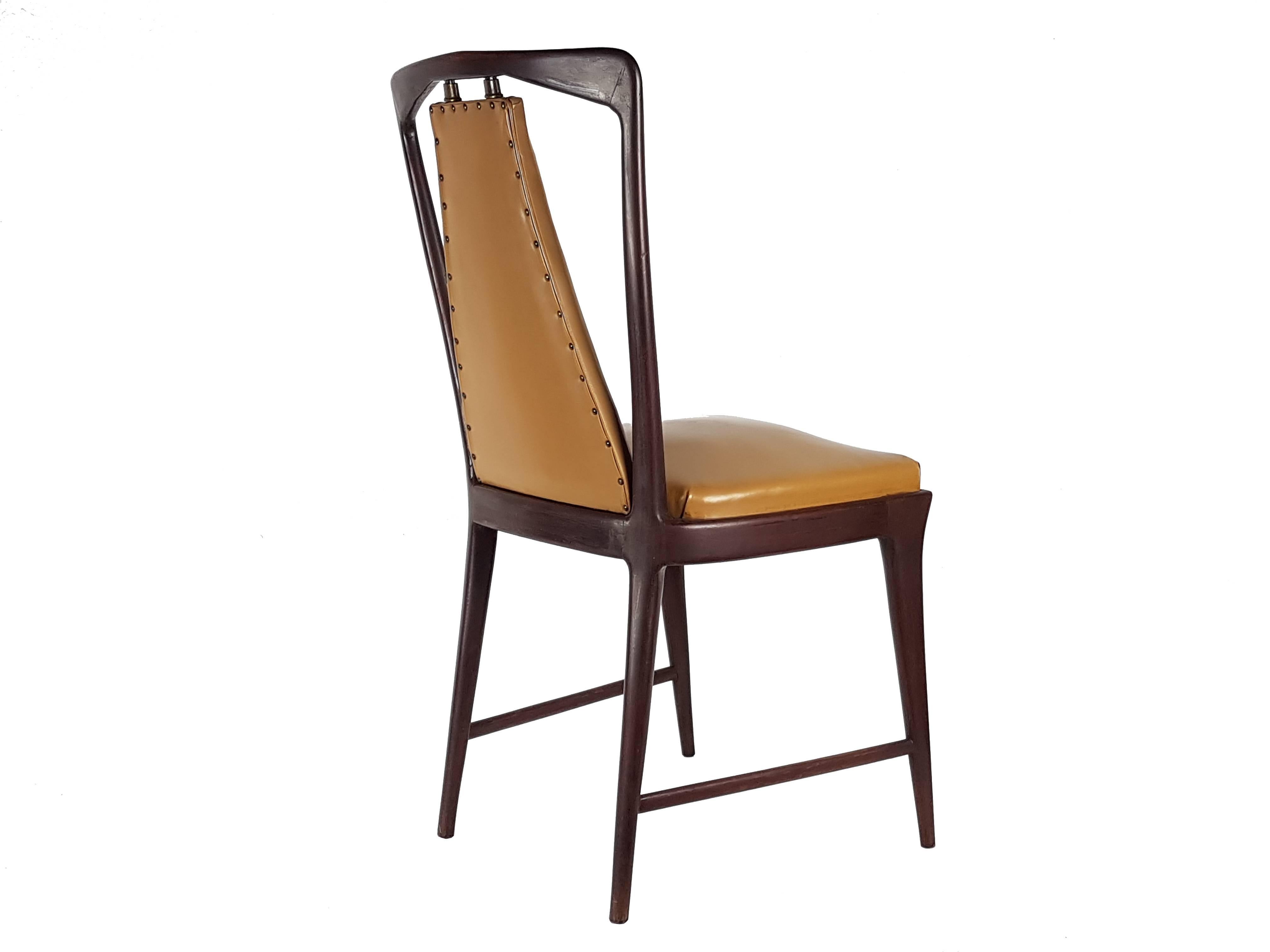 Italian 6 Light-Brown Skai and Wood 1940s Dining Chairs in the Style of Osvaldo Borsani