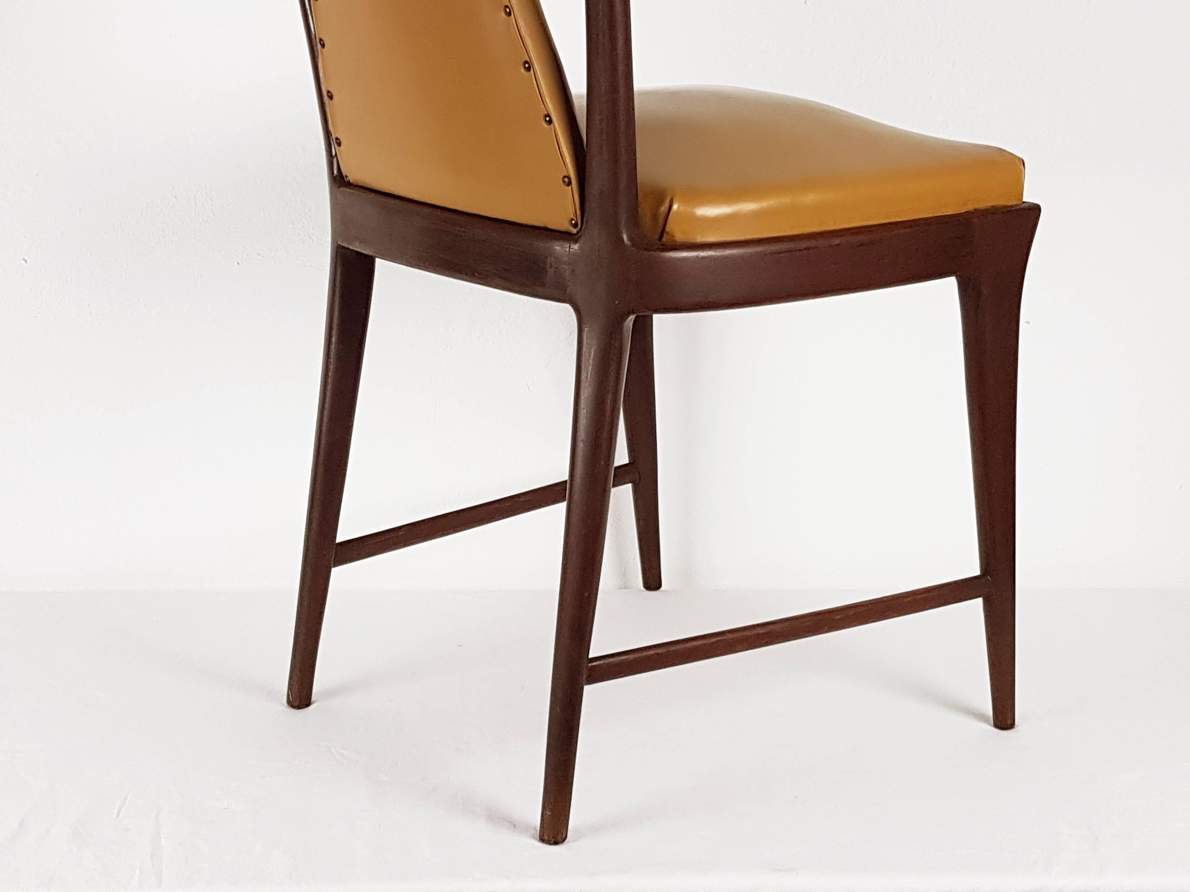 6 Light-Brown Skai and Wood 1940s Dining Chairs in the Style of Osvaldo Borsani 1