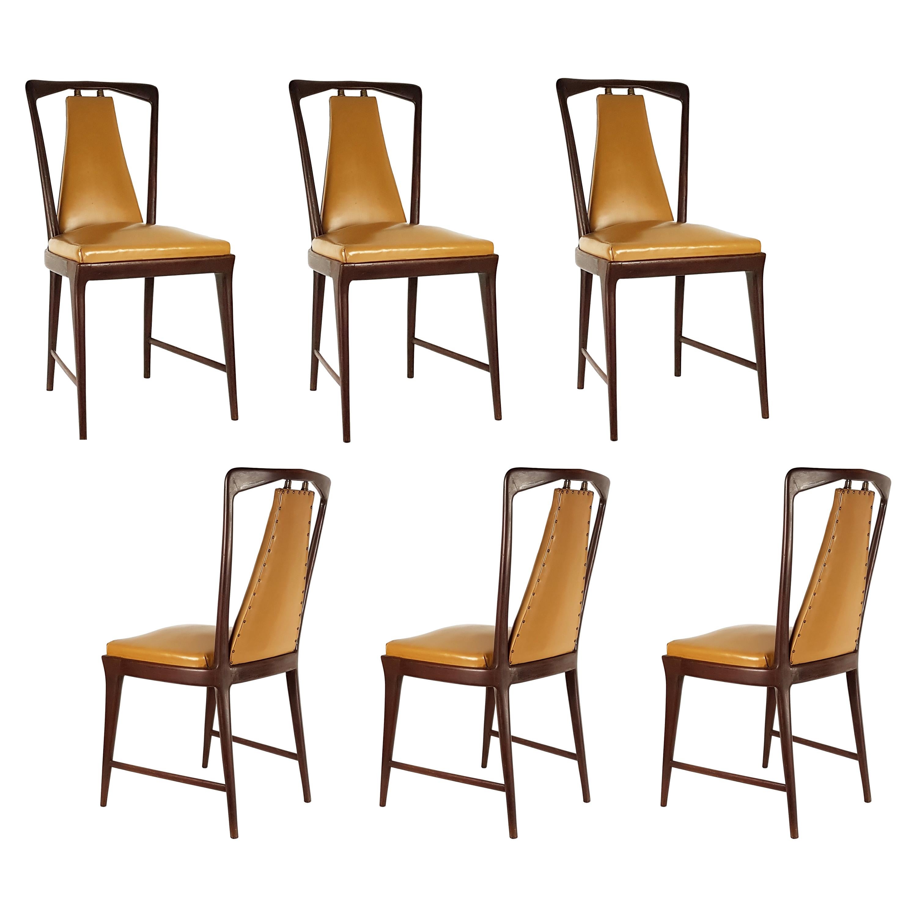 6 Light-Brown Skai and Wood 1940s Dining Chairs in the Style of Osvaldo Borsani
