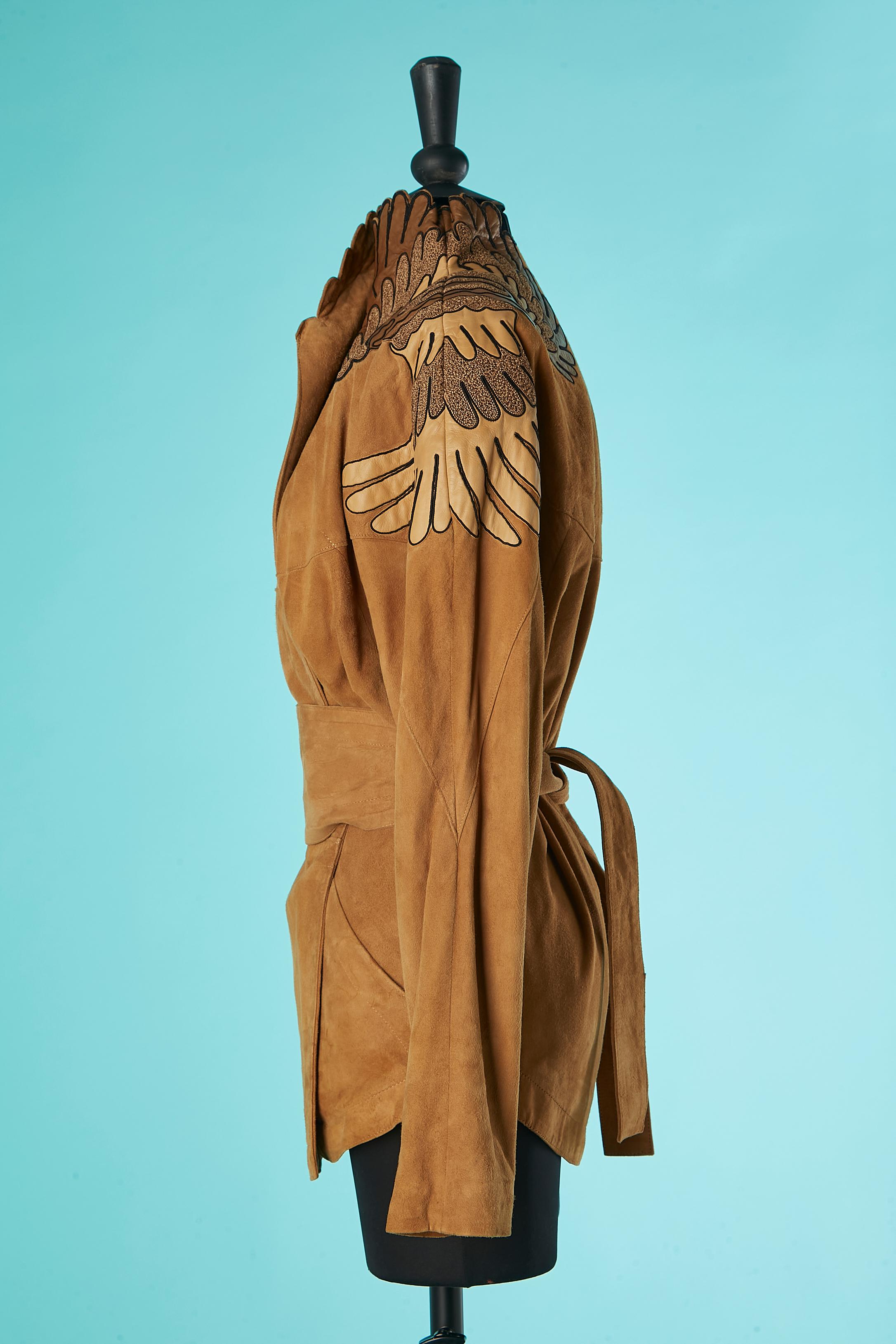 Light brown suede jacket with leather and thread appliqué Jean-Claude Jitrois  For Sale 1