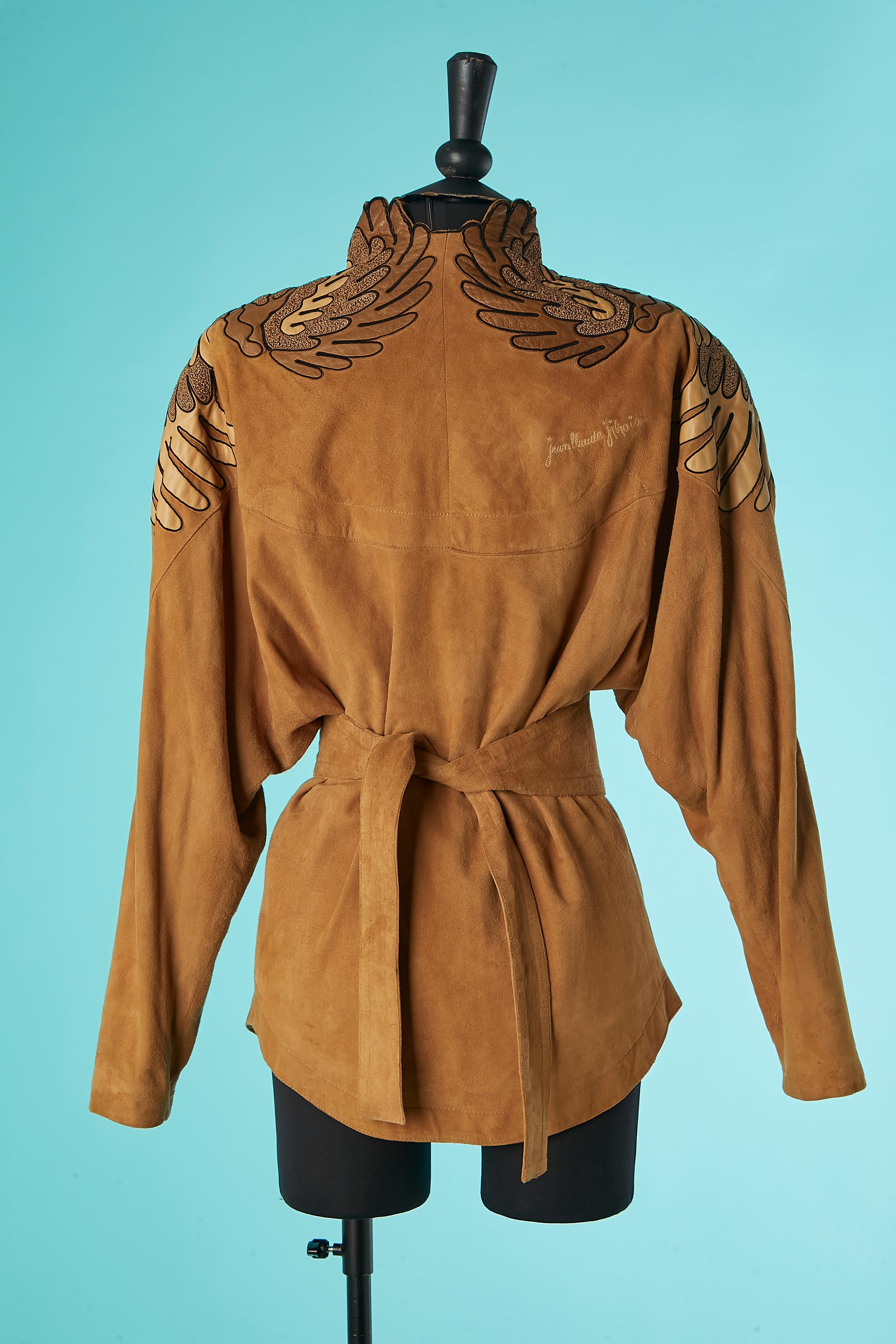 Light brown suede jacket with leather and thread appliqué Jean-Claude Jitrois  For Sale 2
