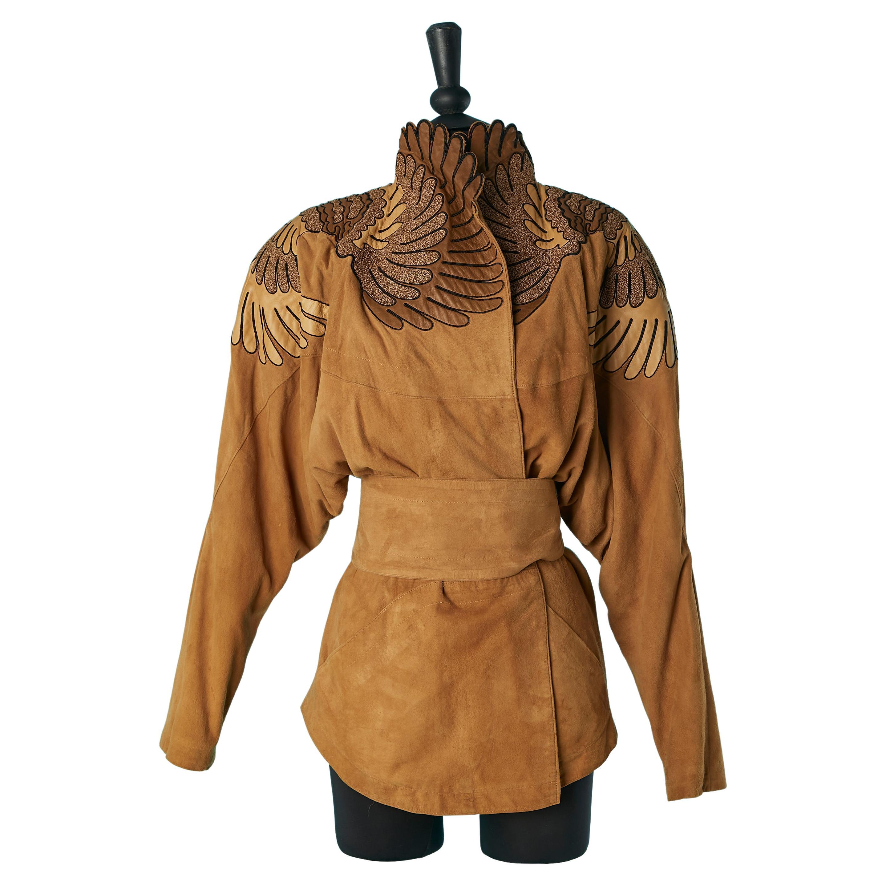 Light brown suede jacket with leather and thread appliqué Jean-Claude Jitrois  For Sale