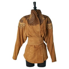 Light brown suede jacket with leather and thread appliqué Jean-Claude Jitrois 