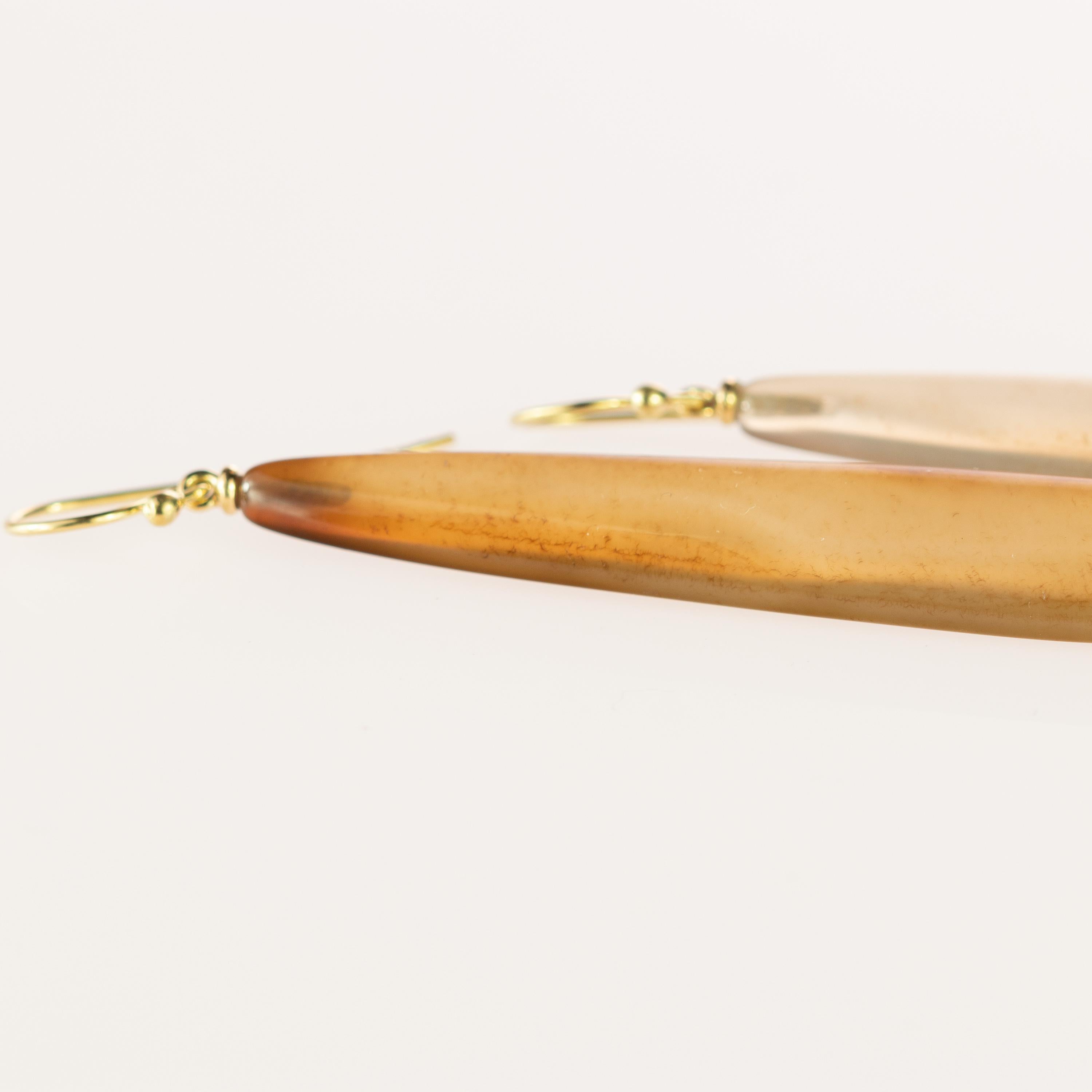 Light Brown Transparent Agate Drops 18 Karat Gold Long Flat Bull Dangle Earrings For Sale 3