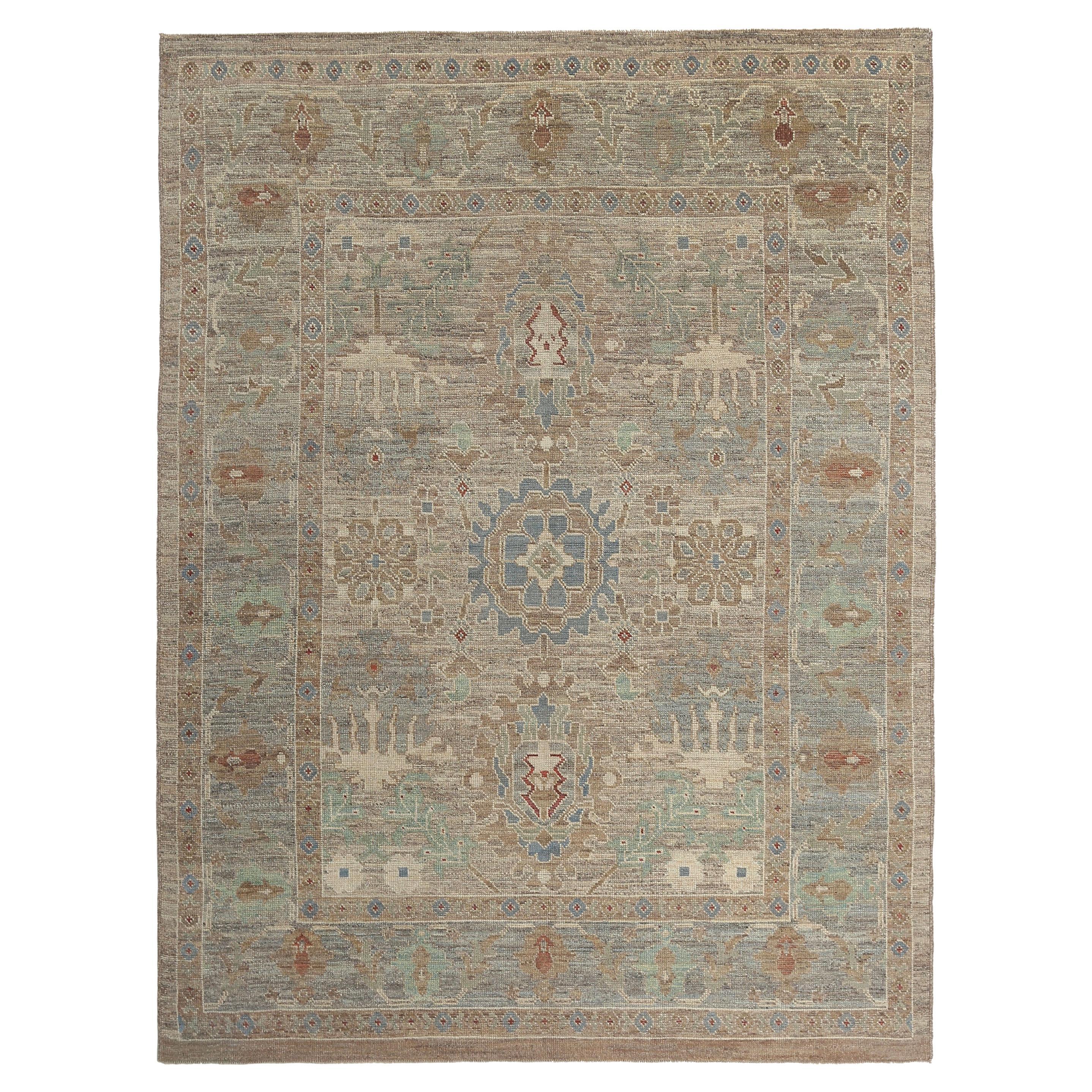 Light Brown Turkish Oushak with Blue Tones