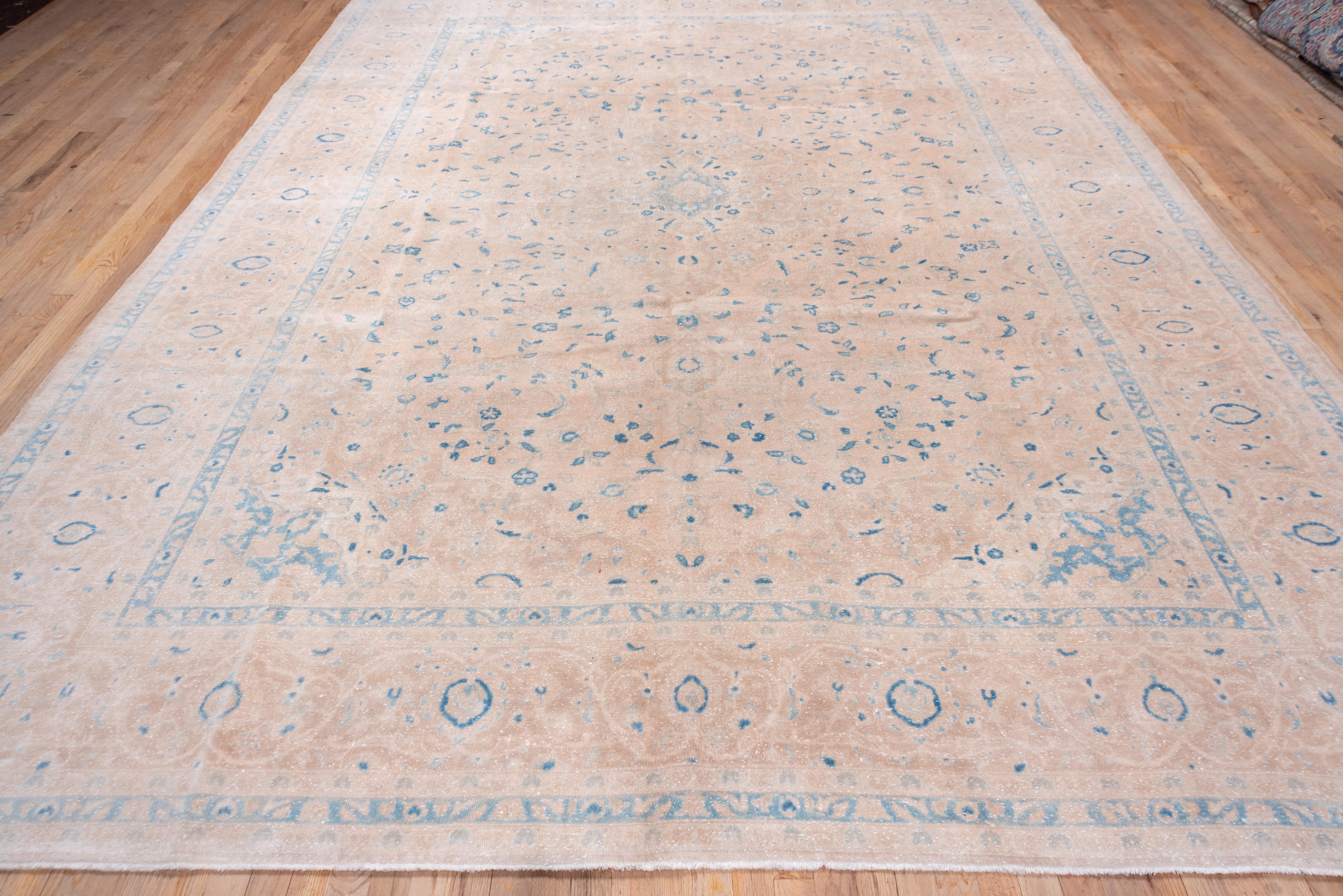 Hand-Knotted Light Brown Turkish Sivas Carpet, Neutral Palette, Blue Accents For Sale