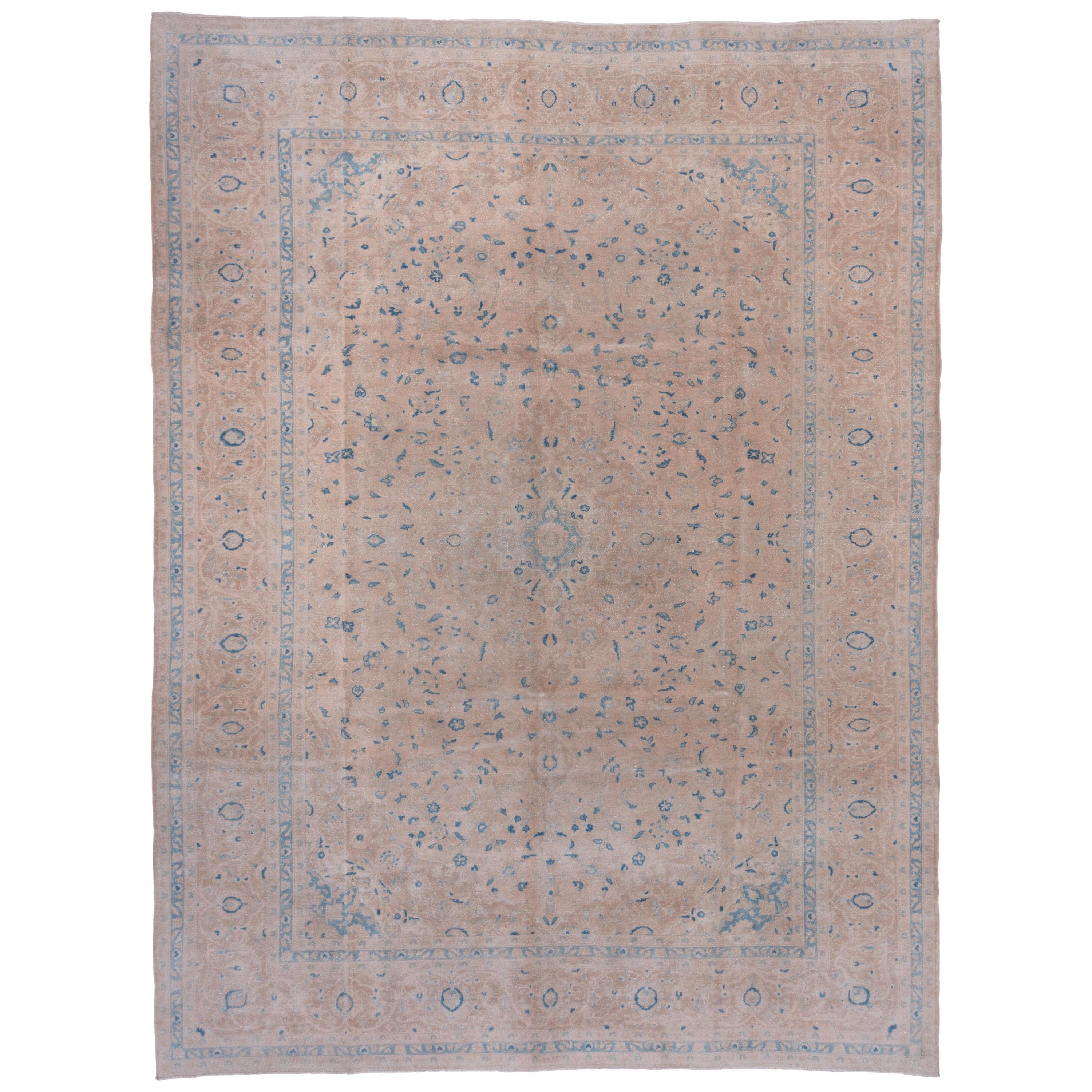 Light Brown Turkish Sivas Carpet, Neutral Palette, Blue Accents For Sale