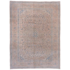 Vintage Light Brown Turkish Sivas Carpet, Neutral Palette, Blue Accents