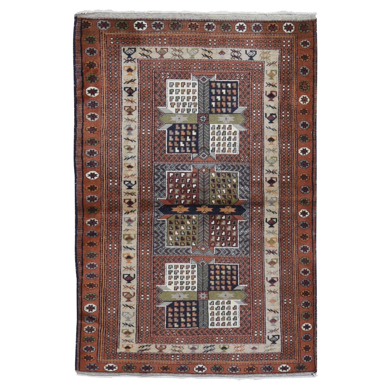 Light Brown Vintage Persian Abadeh with Block Design Hand Knotted Pure Wool Rug