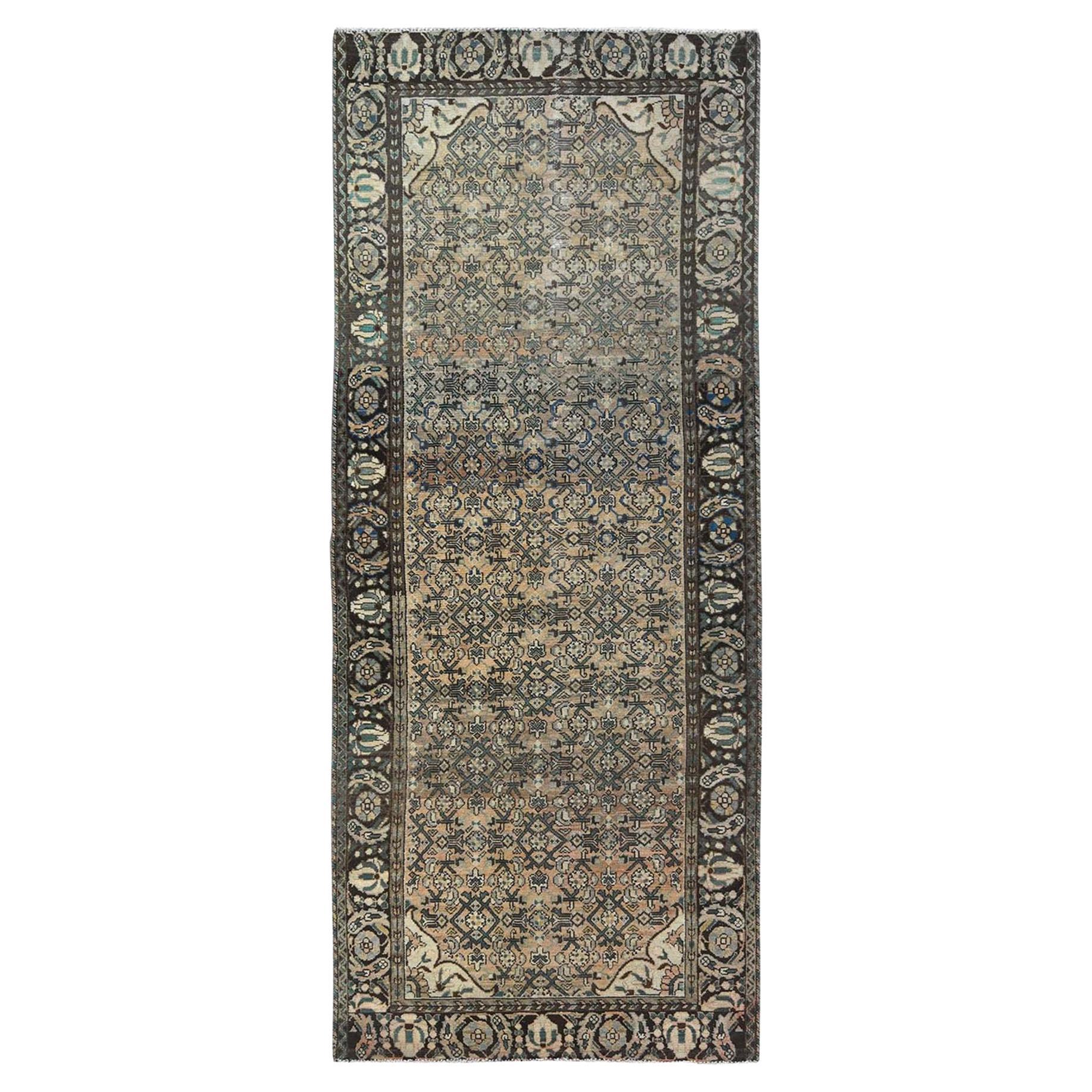 Light Brown, Vintage Persian Hamadan, Hand Knotted Worn Wool, Distressed Rug For Sale